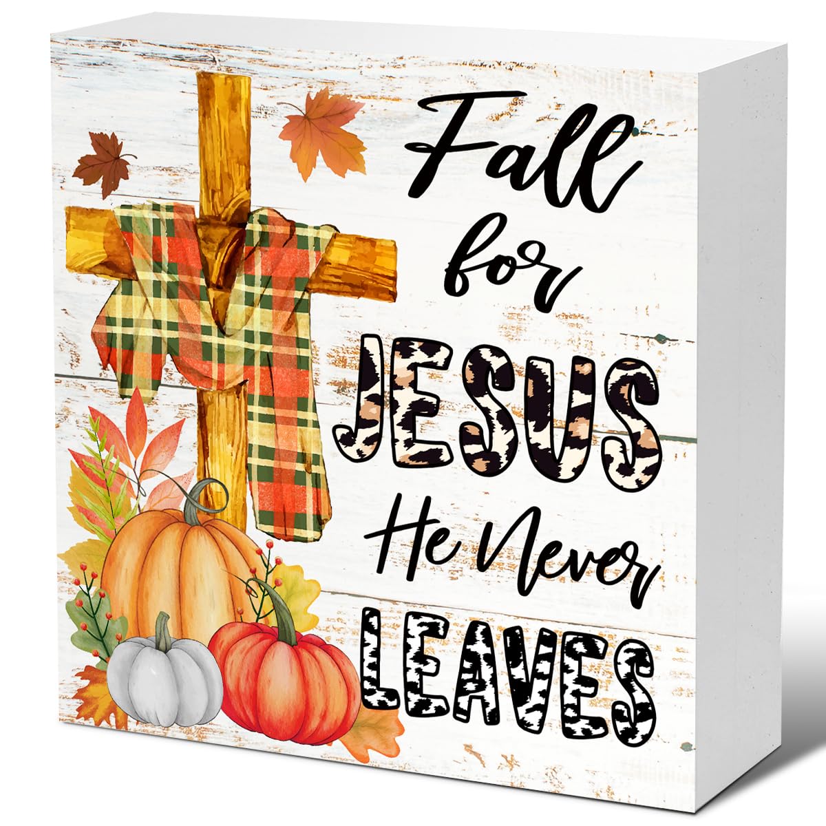 Farmhouse Autumn Wood Block Sign - Fall For Jesus Pumpkin Cross Decor 5x5x1 Inch