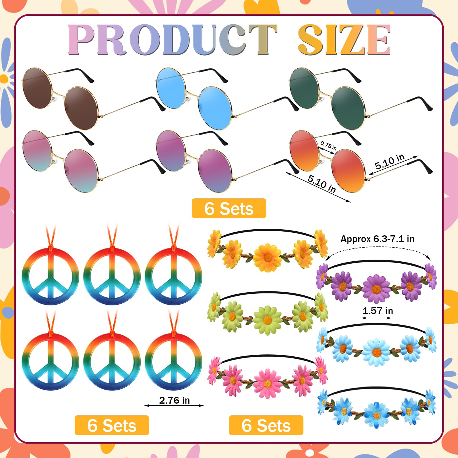 Juego de Accesorios Disfraz Hippie de 18 Piezas Gafas de Sol Redondas Retro Collares con el Signo de la Paz Diademas de Margaritas y Girasoles para Fiesta de los Años 70 y 80
