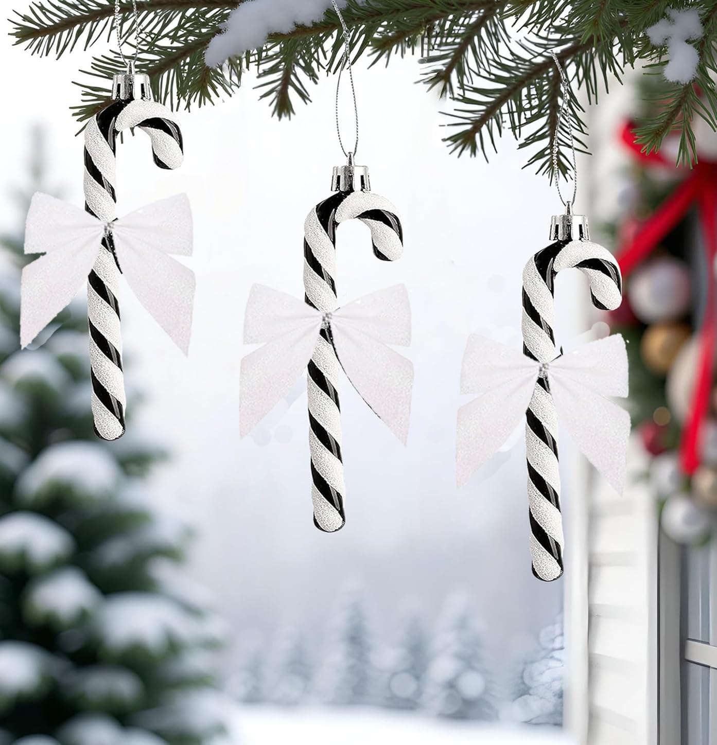 Bastones de Caramelo de Navidad con Purpurina Lazo Colgante para Árbol Navidad (Blanco) 24 Piezas