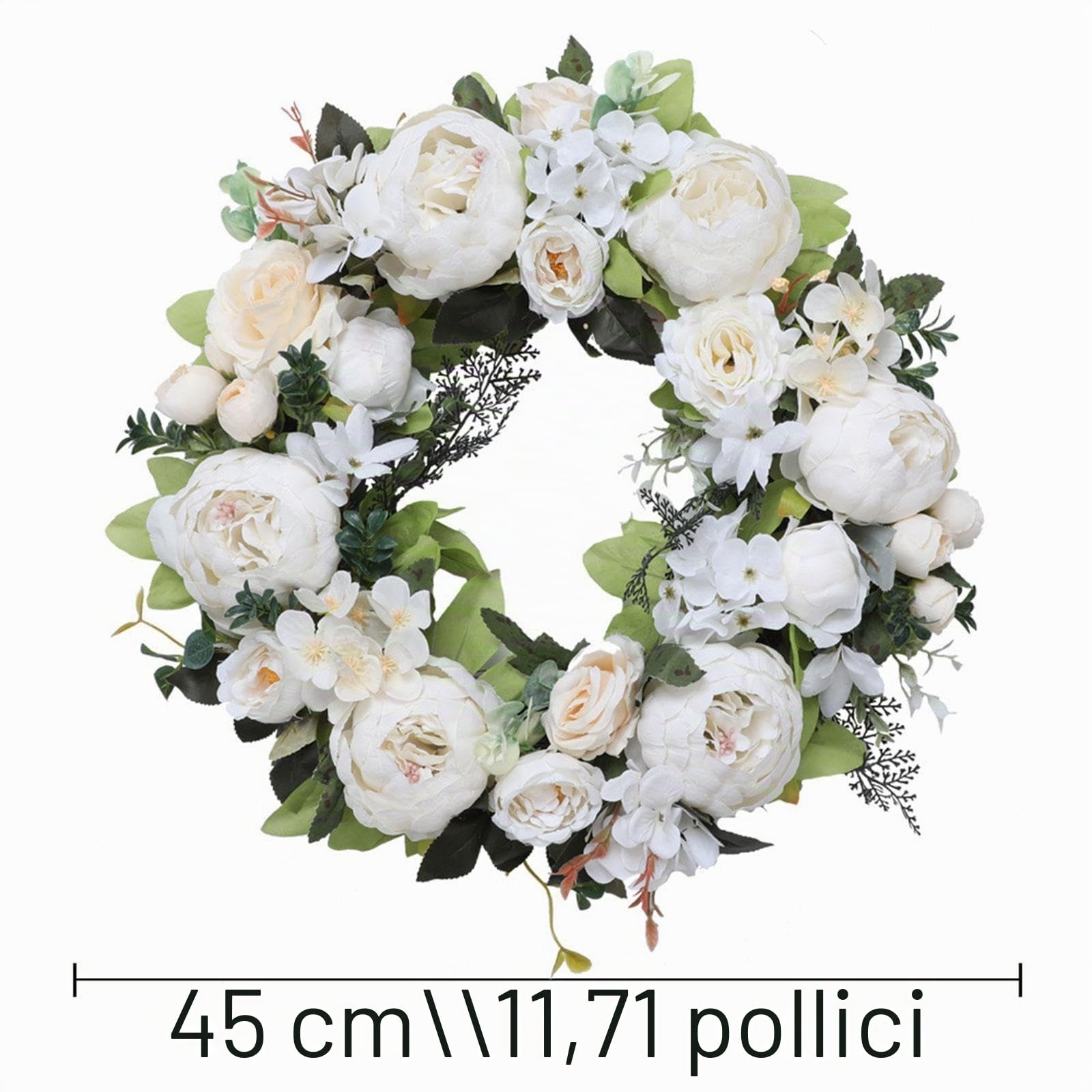Ghirlanda Di Peonie Artificiali,Ghirlanda Primaverile in Fiori Di Seta E Plastica, Corona Di Pasqua Da 45 Cm Di Diametro per Matrimoni, Feste, Porte D'ingresso, Pareti, Finestre, Bianco