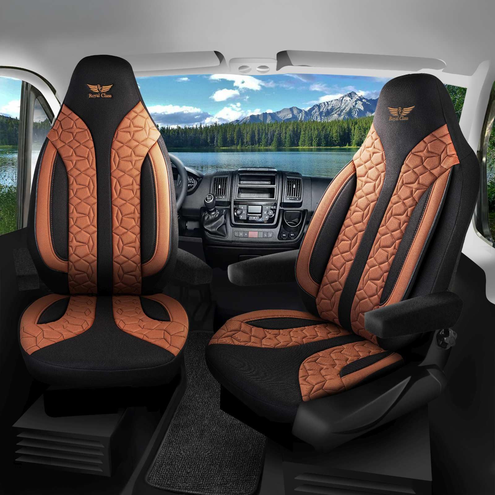 RC Royal Class Auto Sitzbezüge für Pilot Vordersitze Fahrer und Beifahrer kompatibel für Rapido Wohnmobil (Braun) 1099P033 das Sitzbezugset Wohnmobil Zubehör Innenraum