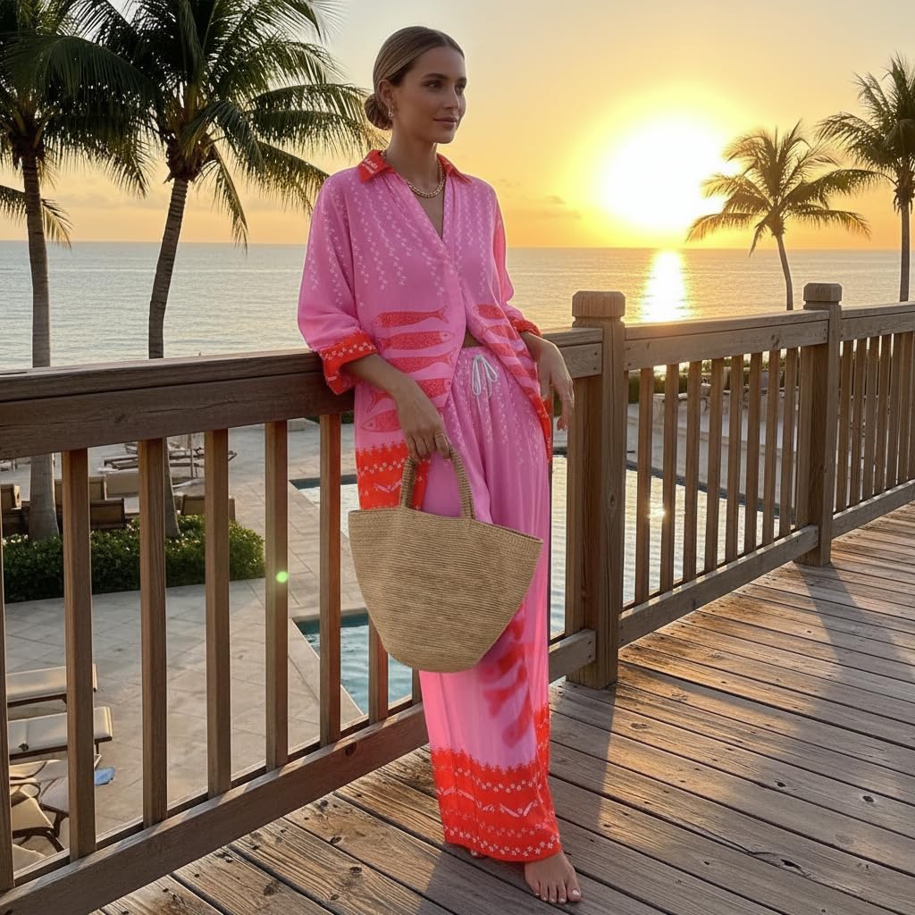Womens Abstract Watercolor Print Oversized Two-Piece Set Long Sleeve Shirt & Wide Leg Pants Artistic Beach Outfit