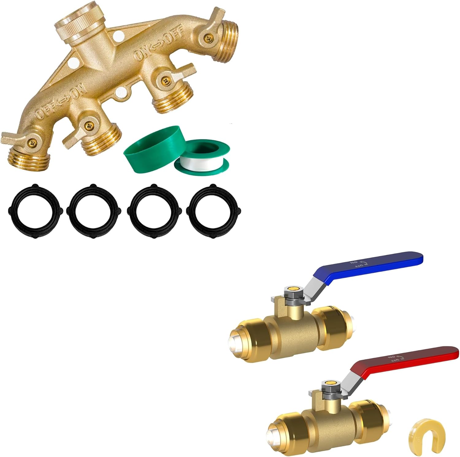 Hourleey Brass Garden Hose Splitter (4 Way) + 1/2 Inch Push-Fit Full Port Ball Valve