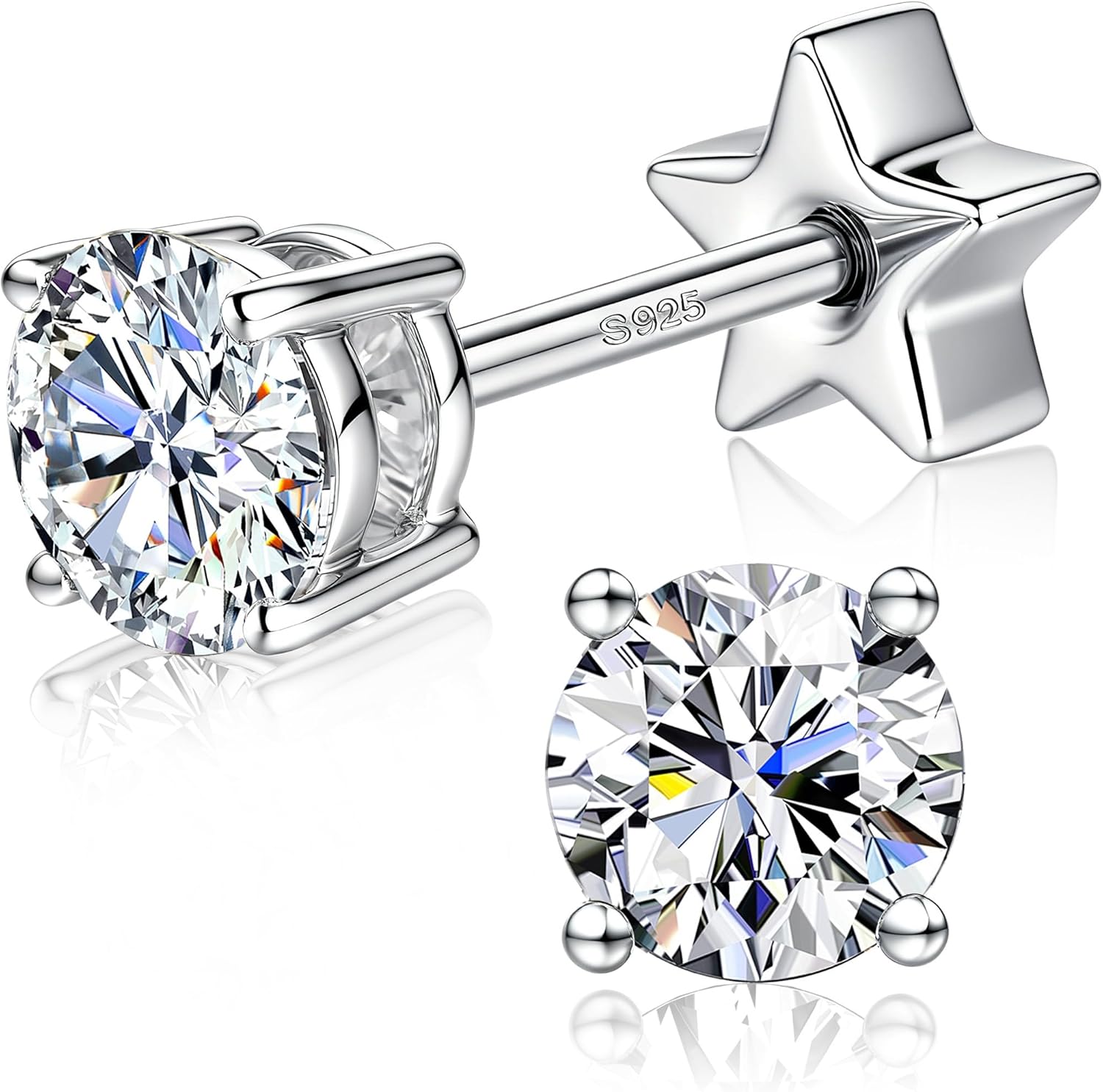 Moissanite Earrings Studs - 925 Sterling Silver Earrings for Women Men 14K Gold Plated Double Sided Star Flat Back Stud Earring Hypoallergenic Small Cartilage Helix Piercing Jewelry D Color VVS1