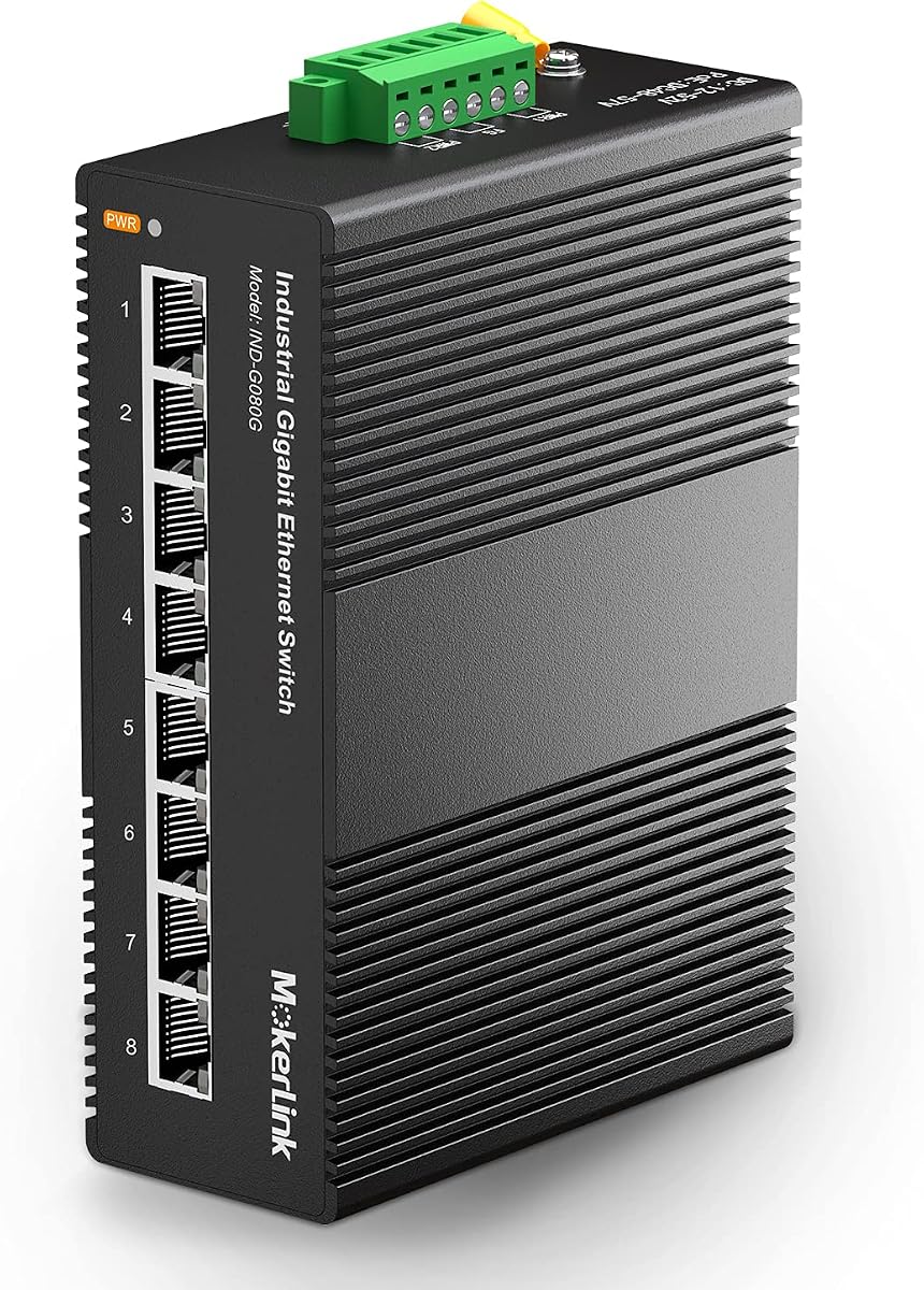 MokerLink 8 Port Gigabit Industrial DIN-Rail Ethernet Switch, 16Gbps Switching Capacity, IP40 Rated Network Switch (-40 to 185°F), with UL Power Supply