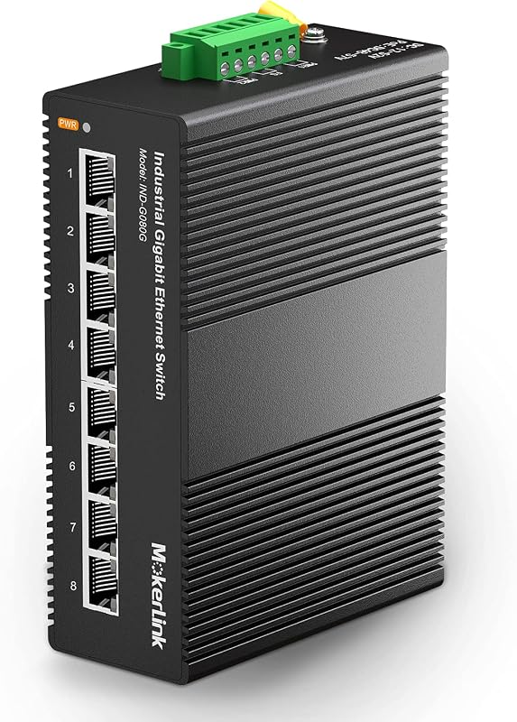 MokerLink 8 Port Gigabit Industrial DIN-Rail Ethernet Switch, 16Gbps Switching Capacity, IP40 Rated Network Switch (-40 to 185°F), with UL Power Supply