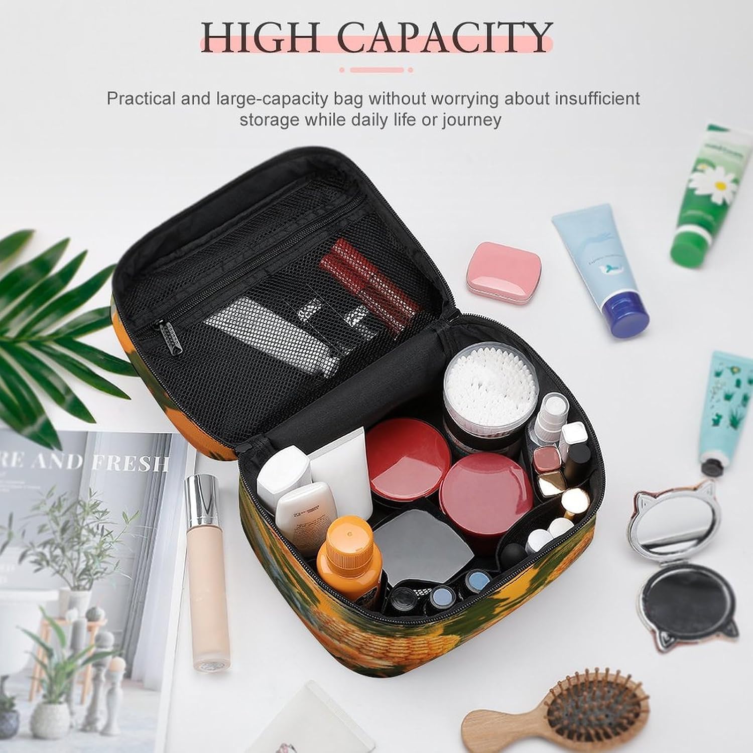 Tropical Pineapple Travel Makeup Bags Large Capacity Cosmetic Bag for Women Portable Makeup Artist Organizer Bags Waterproof Make Up Bag Lightweight Hand-held Makeup Case image 4