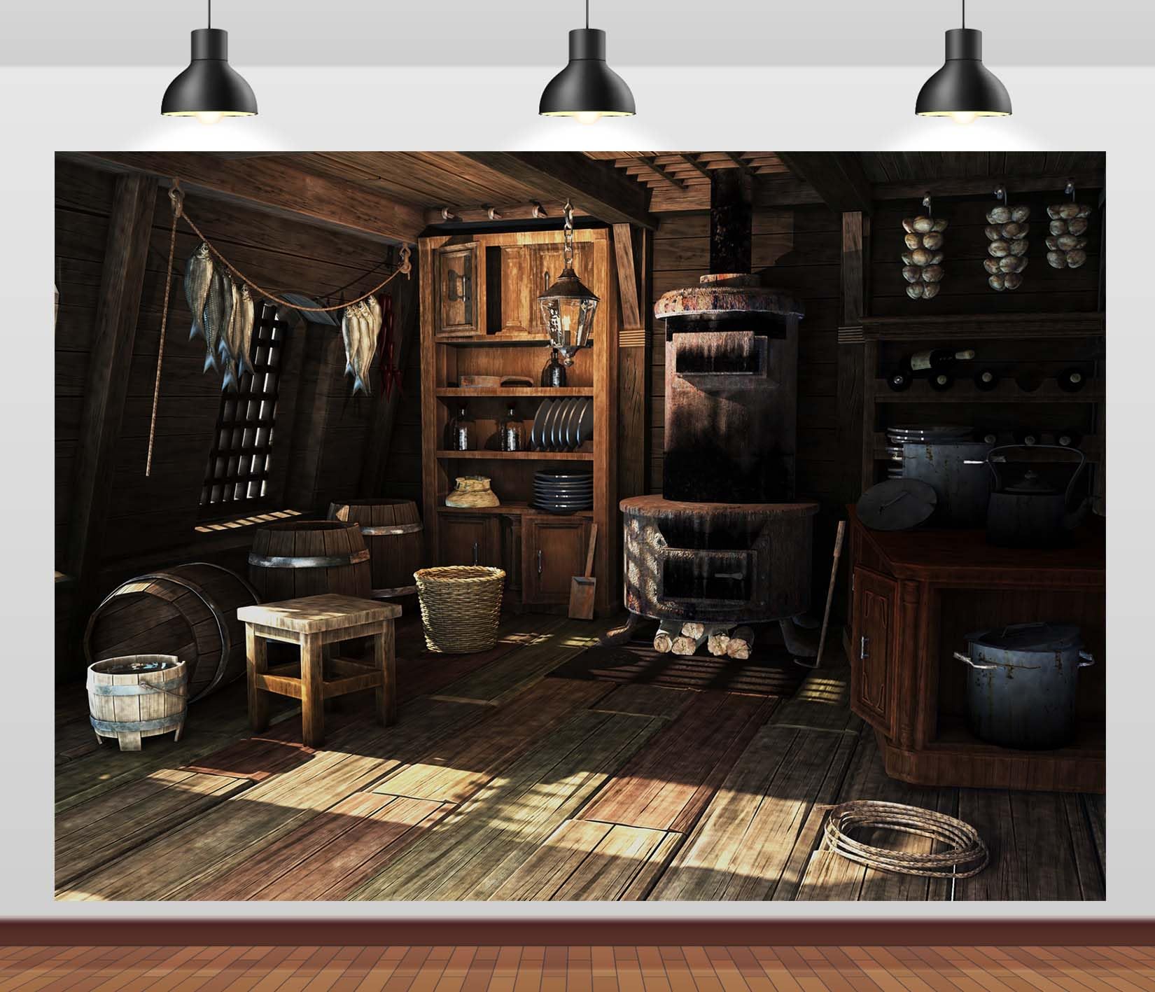 CORFOTO 2.1x1.5m Old Kitchen Backdrop Rustic Wooden Ship Kitchen Photography Background medieval Kitchen Photo Background Rural Farmhouse Cooking Utensils Backdrop Halloween Decor - Image 3