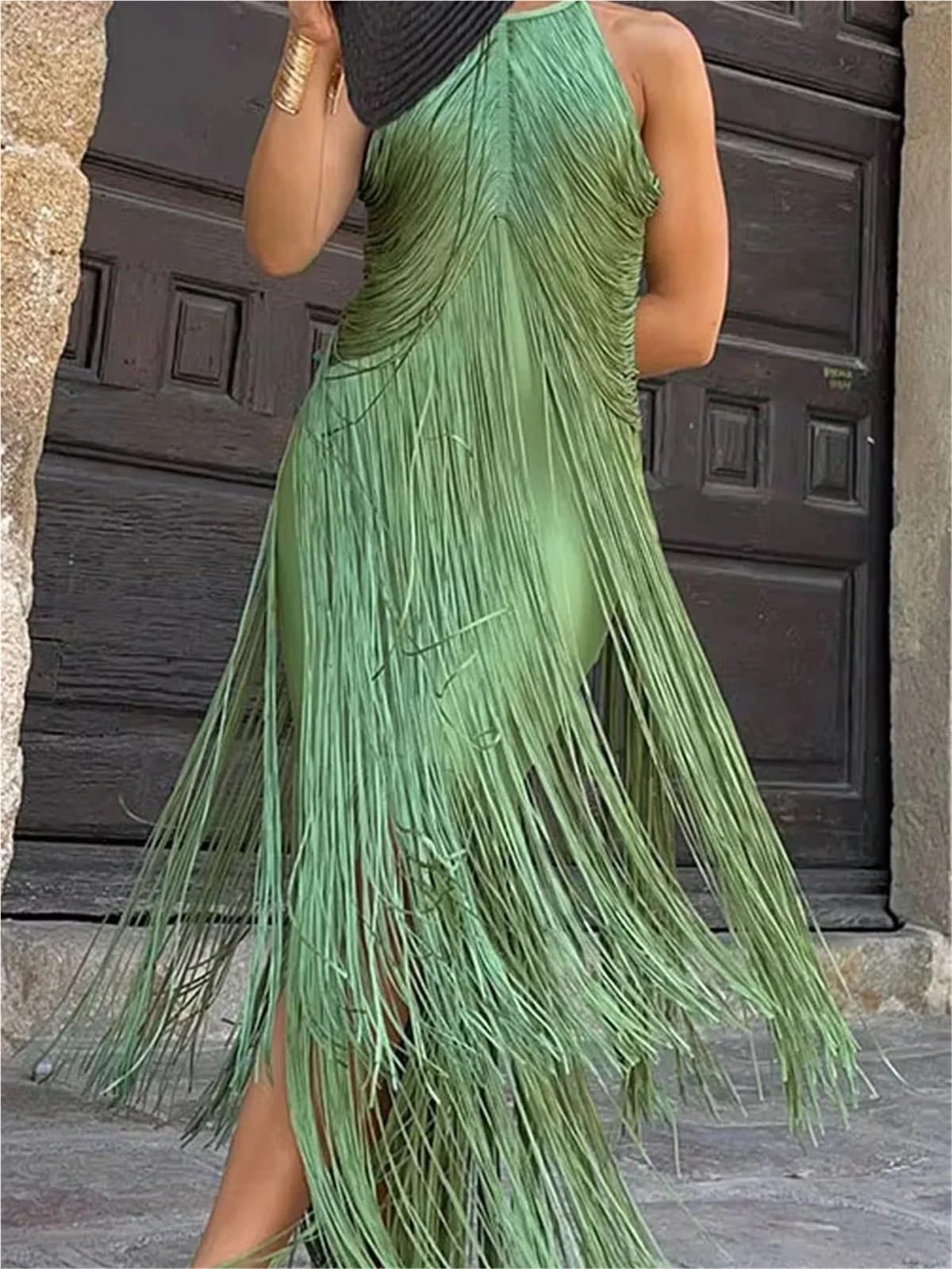 Vestido con Flecos Elegant Tassel Splicing Solid Gowns Dress Women Fashion Hight Wasit Sleeveless Long Sexy Backless Slim Evening para Mujeres