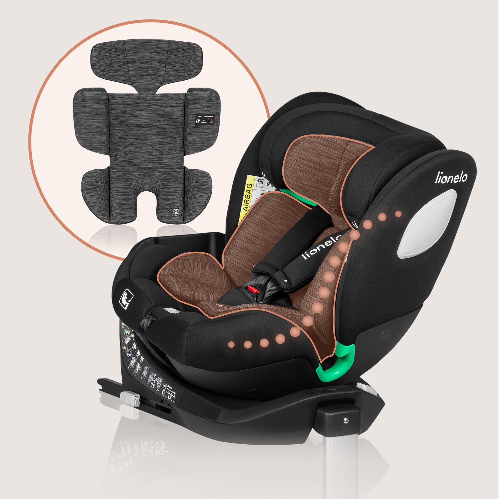 LIONELO BRAAM i-Size Silla de Coche para Bebé Giratoria 0-36kg, Instalación Delantera y Trasera, sistema de anclaje ISOFIX+, pie estabilizador, Reposacabezas y Respaldo Ajustable