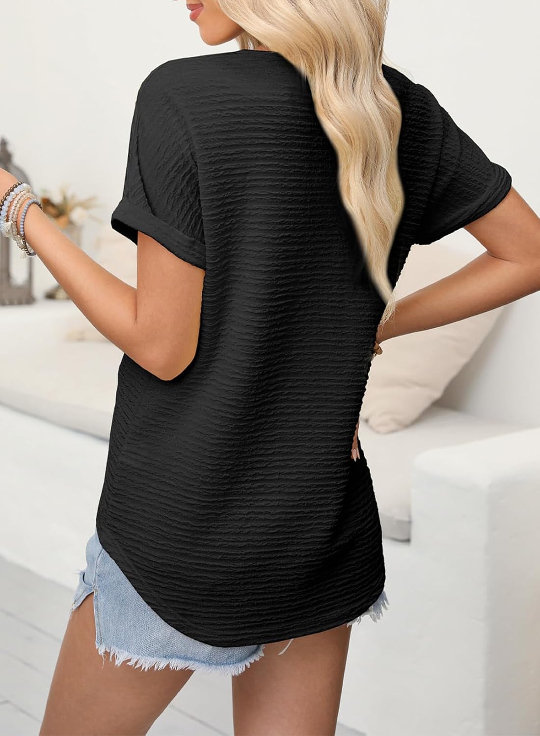 EVALESS Womens Cap Short Sleeve Textured Tops Summer Dressy Casual V Neck Solid Loose Basic T Shirts Tee Blouses - Image 3