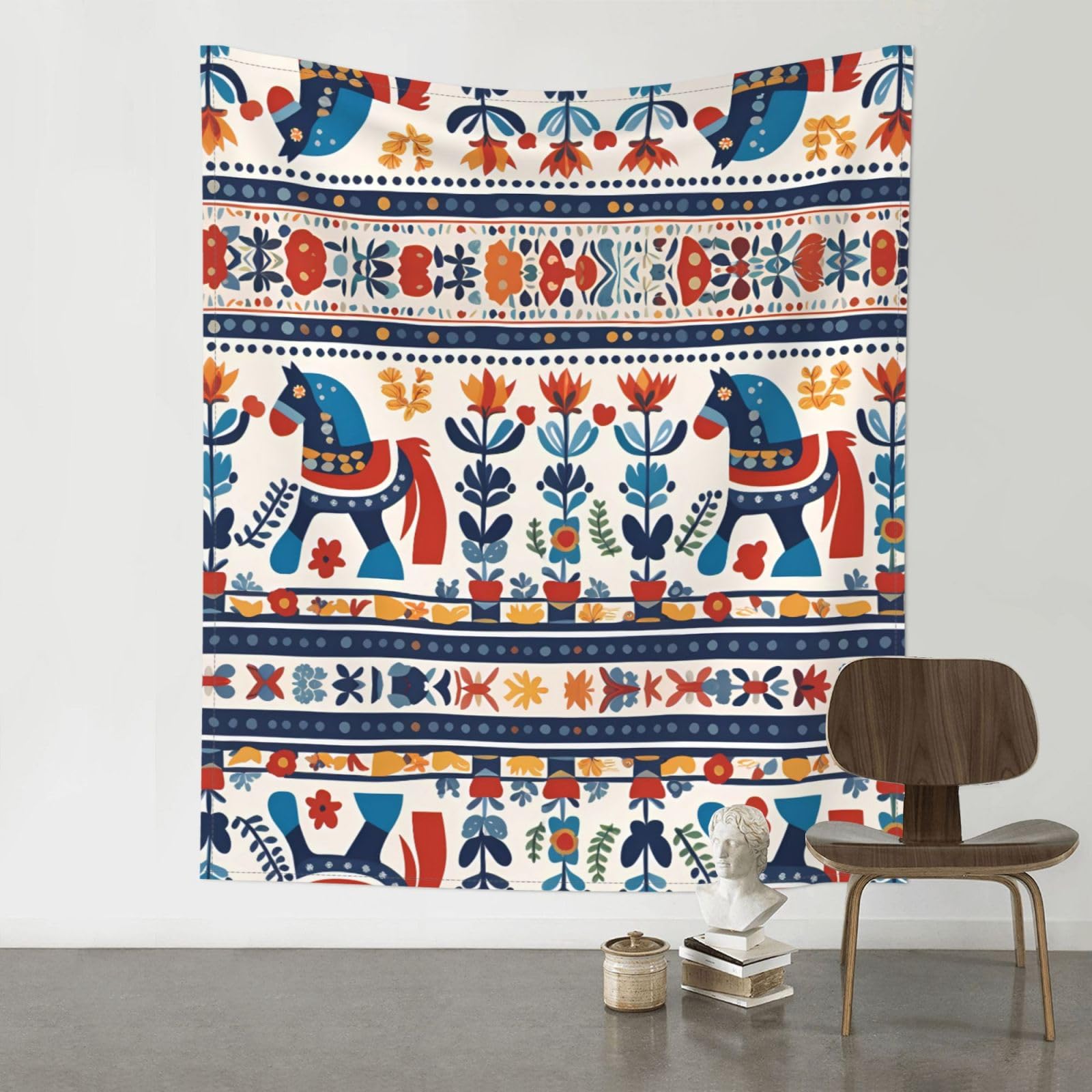 YYHWHJDE Swedish Dala Horse Folk Prints Wall Tapestry 60x51in - High-Grade Polyester Throw Blanket for Bedroom, Dorm, Beach & Picnic Decor
