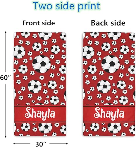 Miniatura 2 de Toalla de playa roja personalizada con diseño de pelotas de fútbol divertidas, 2 lados impresos, para baloncesto, campamento, senderismo, 30 x 60