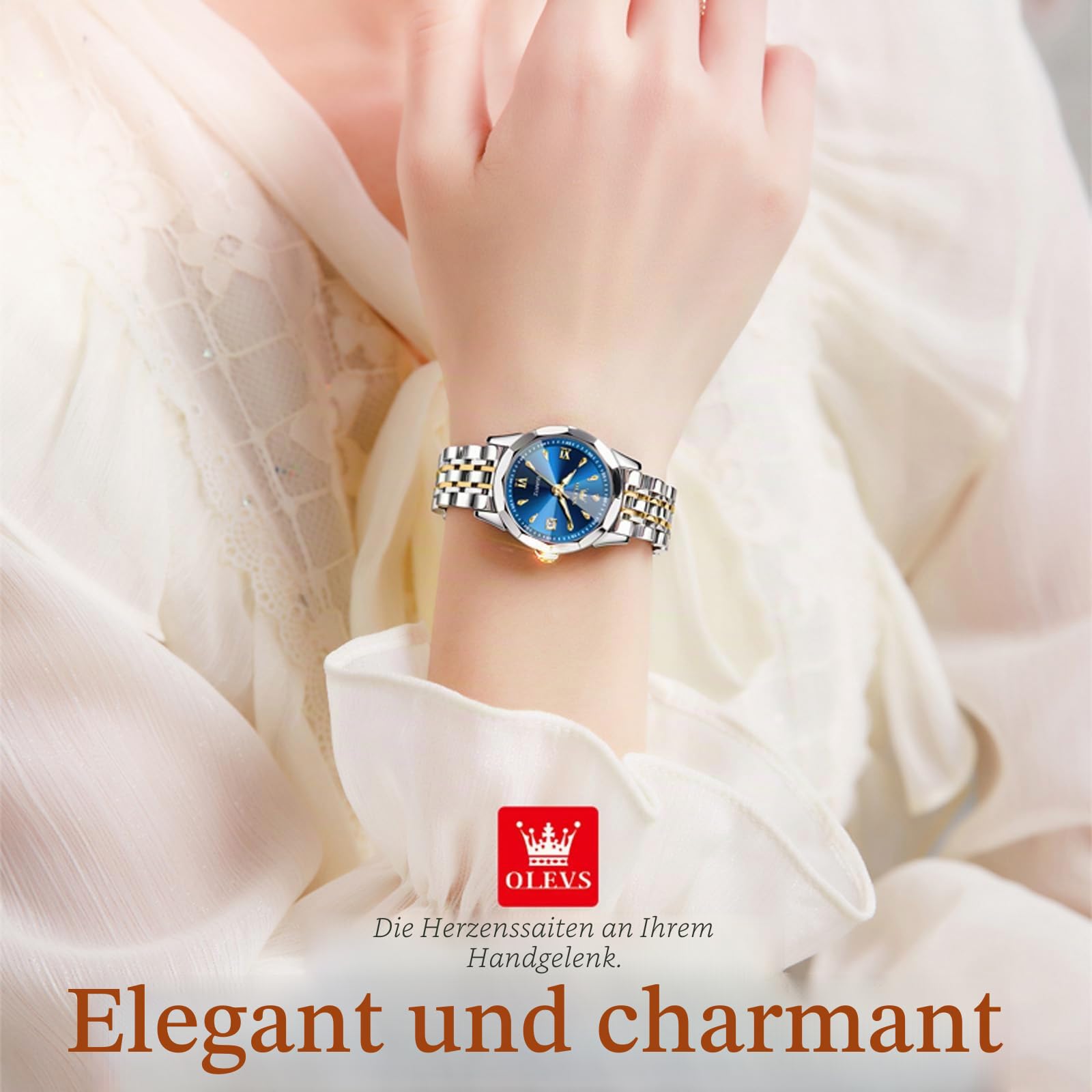 OLEVS Damen-Armbanduhr, Diamant-Zifferblatt, Quarzuhr, Edelstahl, modisch, nachtleuchtend, wasserdicht, analoge Uhr für Frauen, Romantisches Geschenk für Freundin