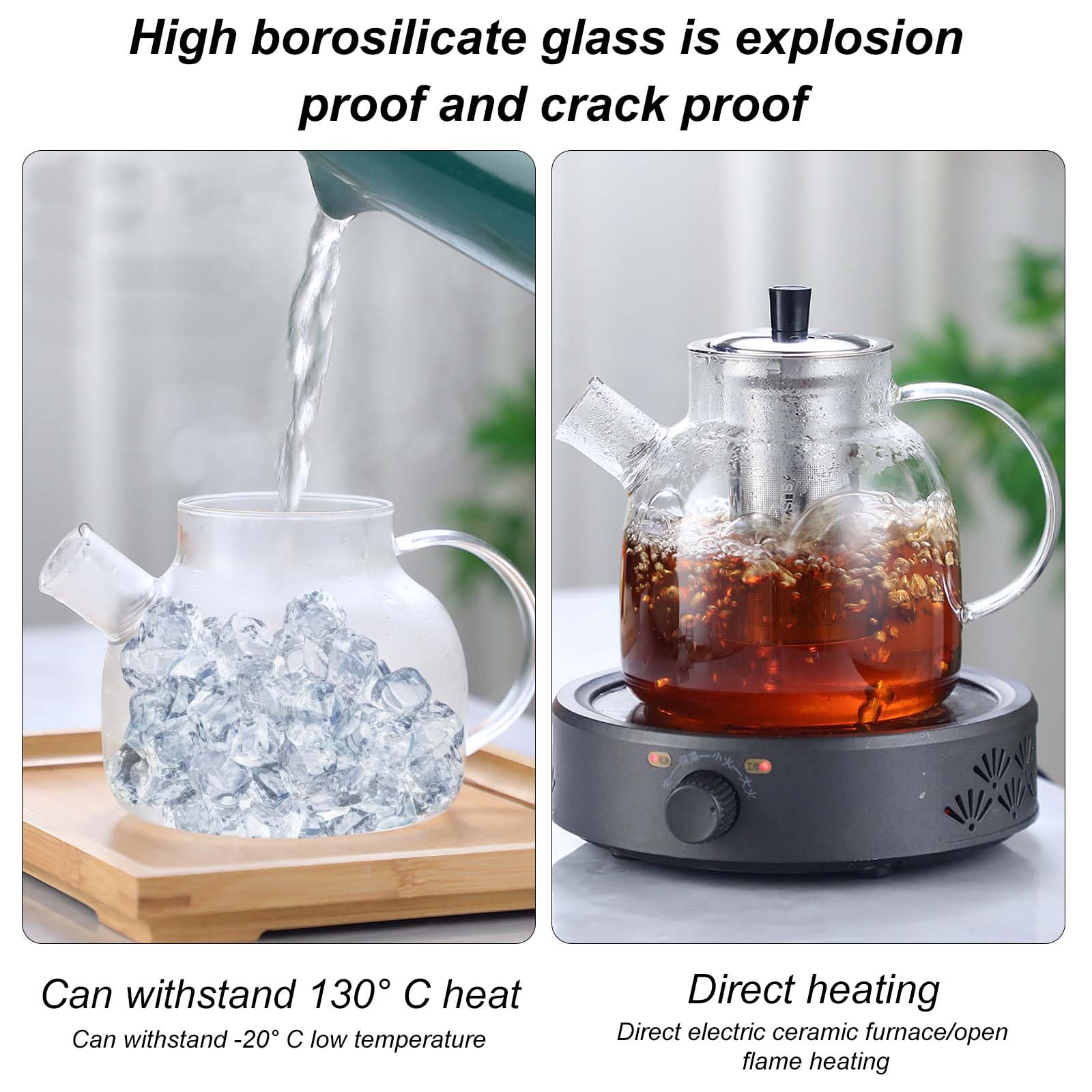 1.5L Teekanne mit Siebeinsatz und Deckel, Teekanne aus Glas Borosilikat, Glas Teebereiter mit Abnehmbare Siebeinsatz & Stövchen, Glasteekanne für Losen Tees Fruchttee Duftender Tee