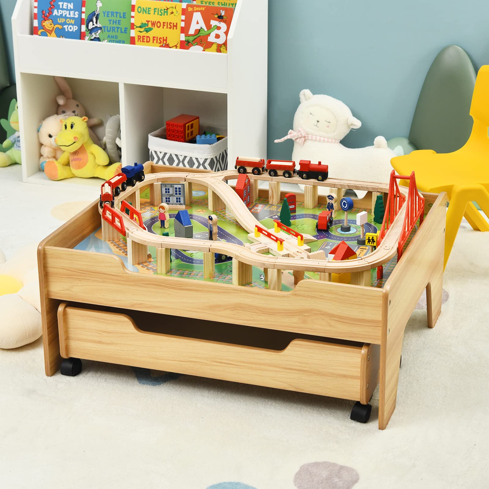 Maxmass Wooden Train Track Set, Kids Railway Play Table with 100 Pieces Toy and Rolling Storage Drawer, City Train Activity Playset for 3+ Years Old (100PCS, 78 x 63 x 33cm)