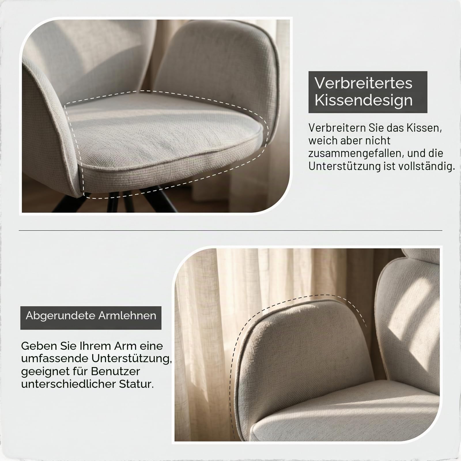 JIEXI Drehbar Esszimmerstuhl mit Armlehne, 180° Schwenkbar Hochlehner Polsterstuhl, Moderner Stoff Küchenstuhl mit Metallgestell, für Esszimmer Wohnzimmer Büro, Weiß/Beige