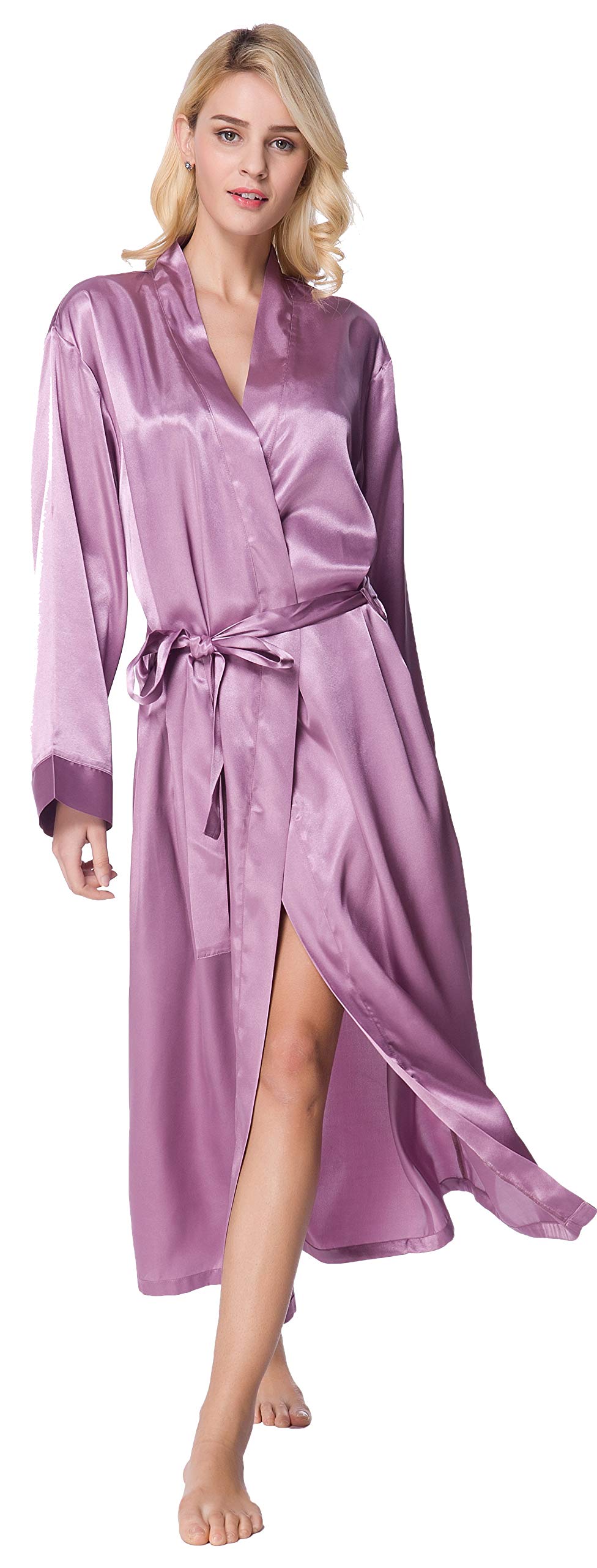 Women's Satin Kimono Robe Dressing Gown (Large, Light Purple)