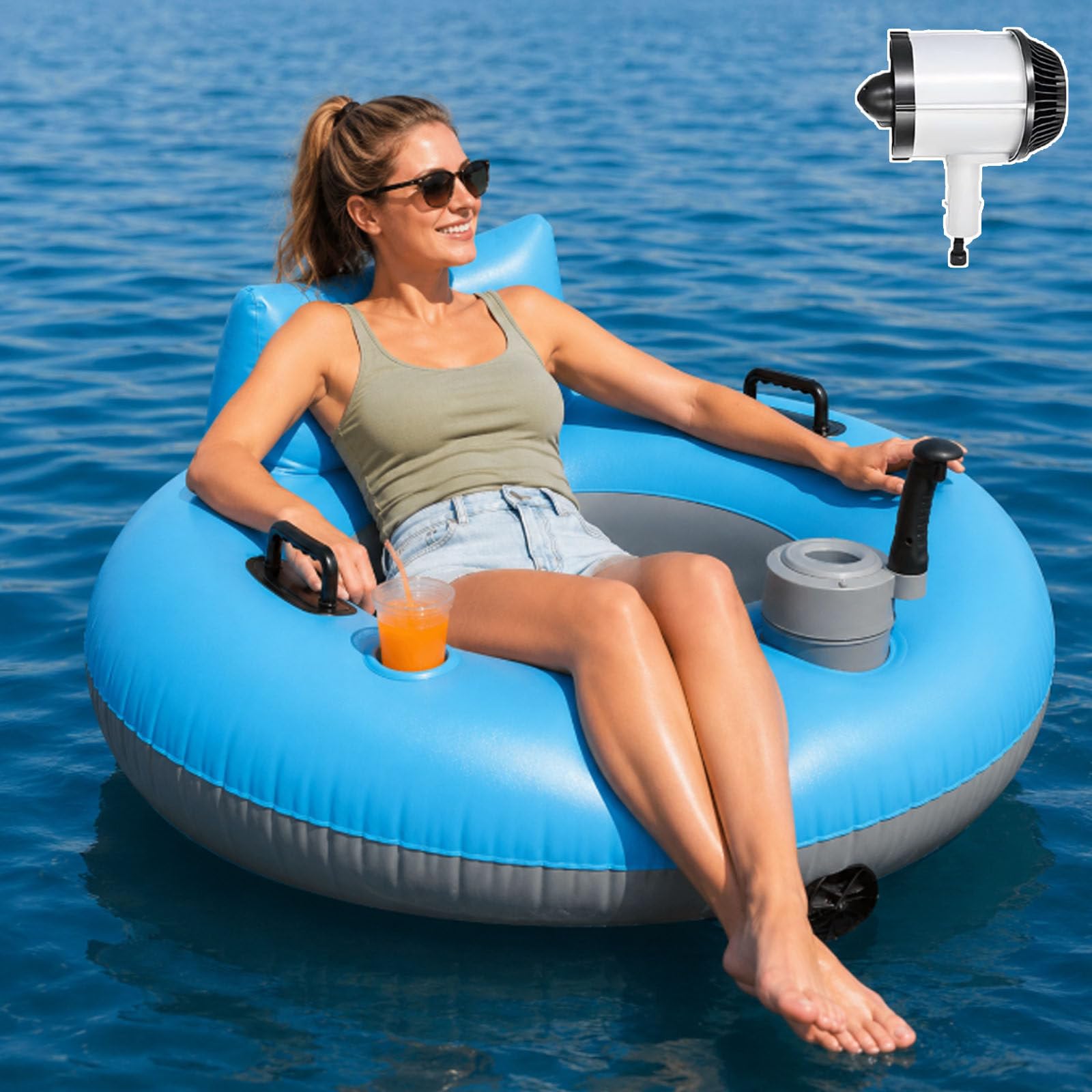 ErShangMao Motorized Pool Float, Electric Inflatable Pool Lounger For 1 Person, 50w Drift Control,Thick Pvc Body, Cup Holder, Storage Bag, River Run Tube For Water Relaxing, Lake Floating & Vacation