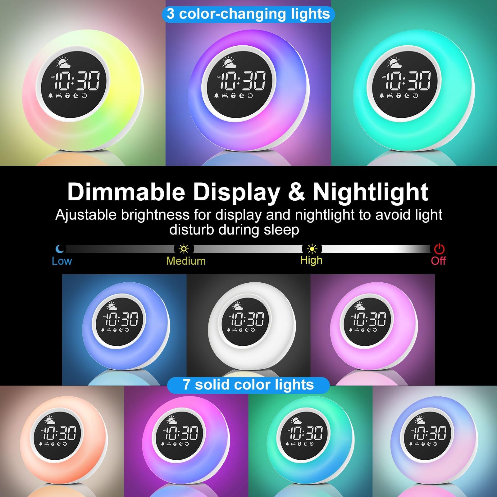 APUZOM Wecker mit Nachtlicht Wecker mit Licht Tischuhr ohne Tick,Geschenke für Mädchen Jungen,Kind Schlaftrainer mit Nachtlicht, Customized Lichtwecker mit 12 White Noise, Snooze und Timer