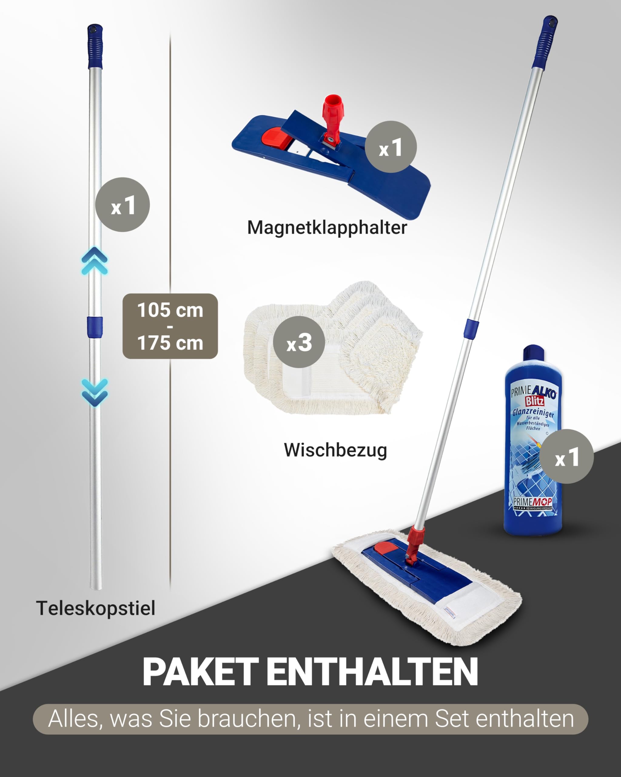 6 in 1 Profi Baumwolle Bodenwischer Set – Putzmittel in Industriequalität – Mop Set 50cm – Inklusive ALKO Blitz Glanzreiniger – Wischer Set