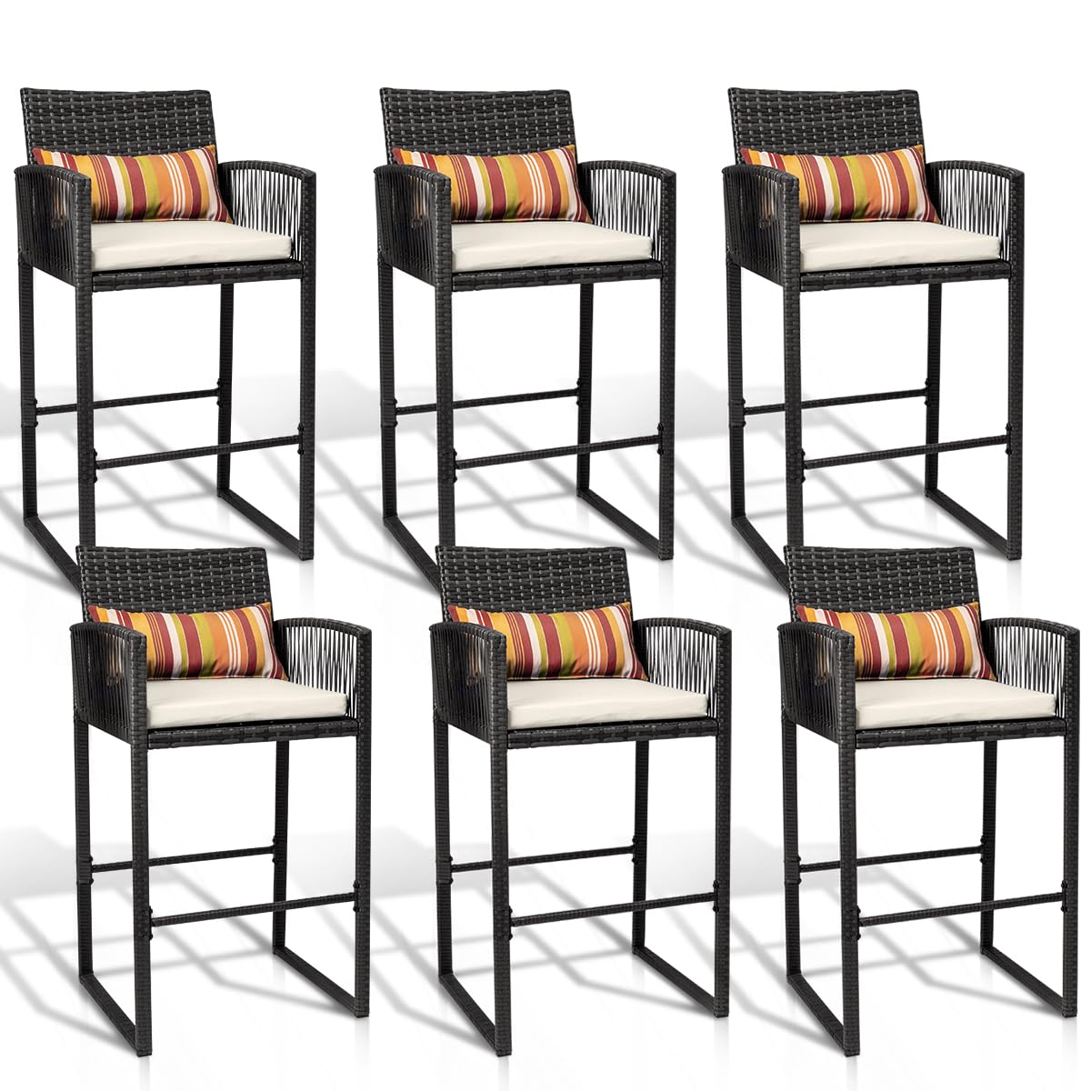 Sundale Outdoor Wicker Bar Stools, Patio Counter Height Rattan Rope Stools with Back Rest, High Chair with Pillow & Cushion, All-Weather Armless Tall