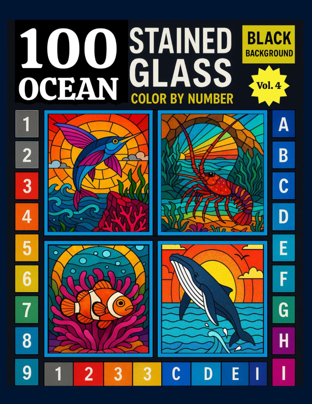 100 Ocean Creatures Stained Glass Color by Number: Aquatic Dreams Coloring book with Sea Animals, Dolphins, Whales, Sharks, Sea Turtles…Stress Relief for Adults and Kids