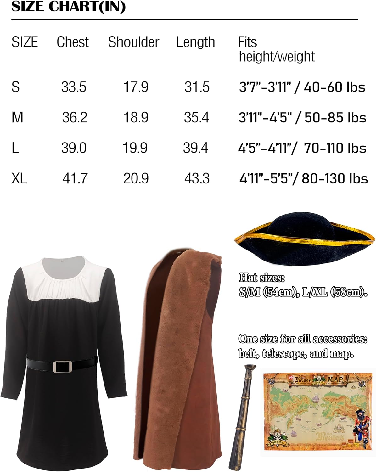 Kids Explorer Navigator Costume Set Boys Colonial Historical Role Play Outfit for Halloween Dress-Up 4-12 Years