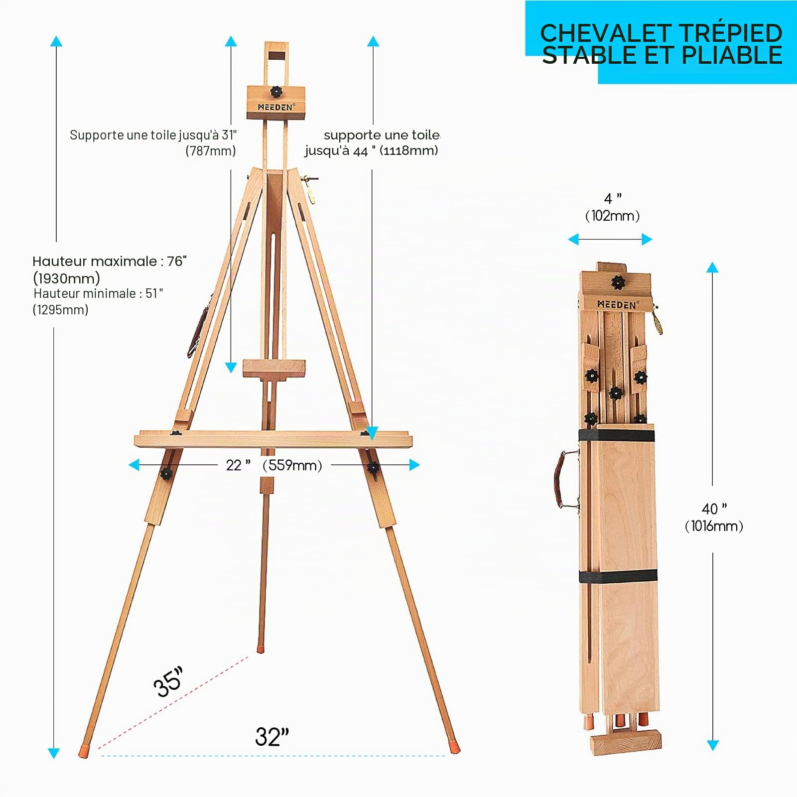 MEEDEN Chevalet de peinture sur le terrain pour trépied - Chevalet de trépied réglable et portable en bois de hêtre - Parfait pour les peintres