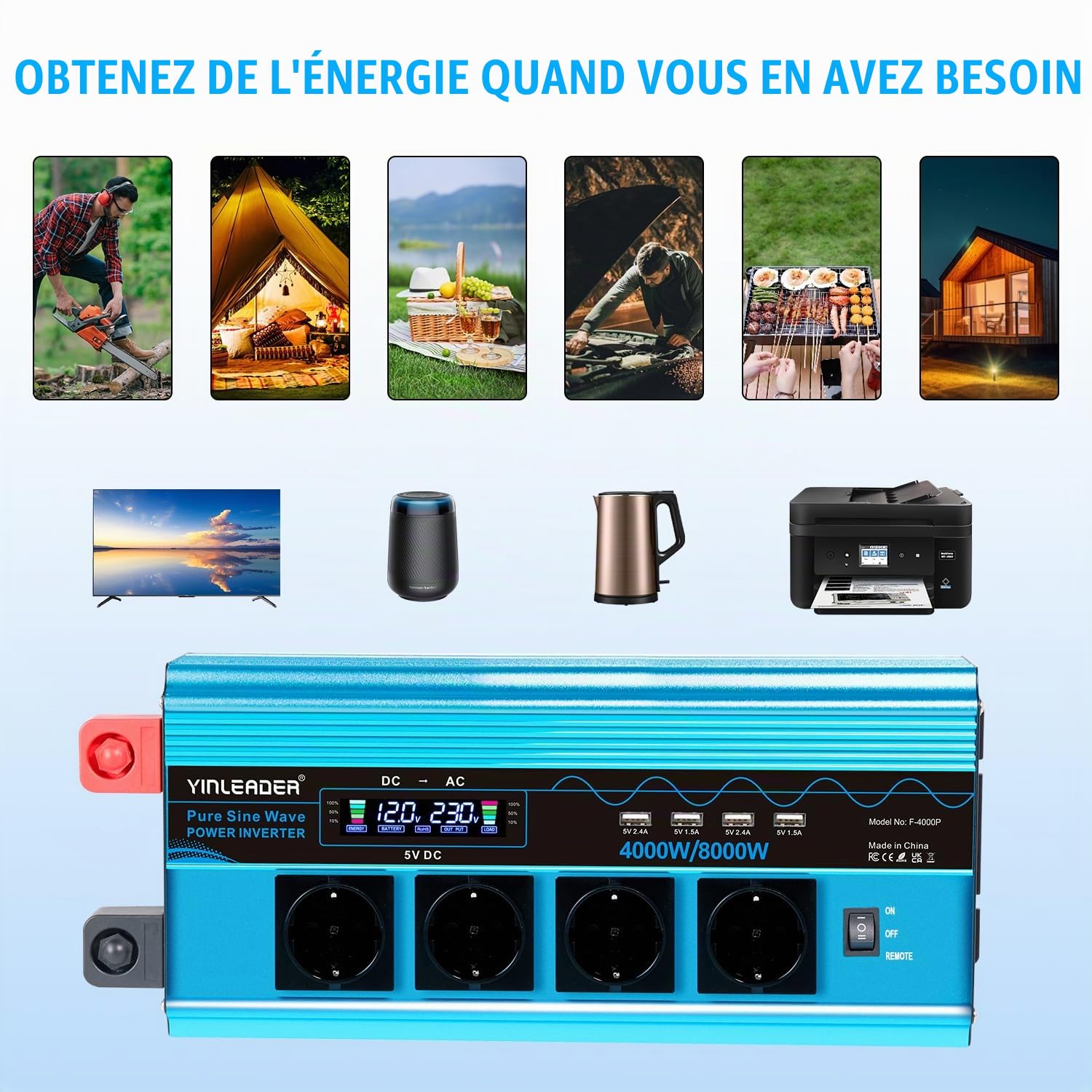 Yinleader Convertisseur 12V 220V Pur Sinus 4000W/8000W Convertisseur de Tension LCD | 4 USB (avec télécommande)