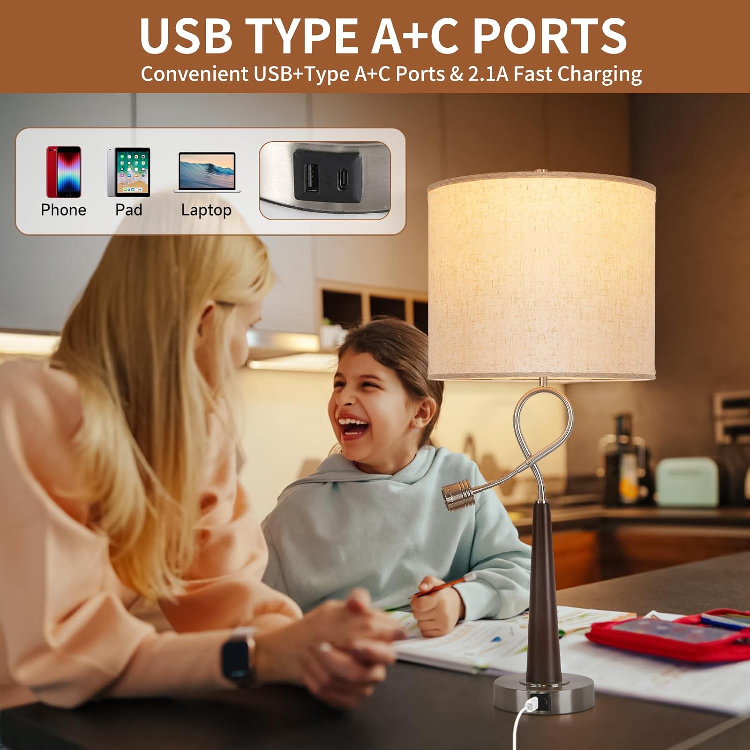 Rustic Farmhouse Table Lamps Wood Grain Swept Table Lamp Four Way Dimming Night Light Led Lamp Bedside Table Lamps Set Reading Lights,Suitable for Bedroom, Living Room, Desk