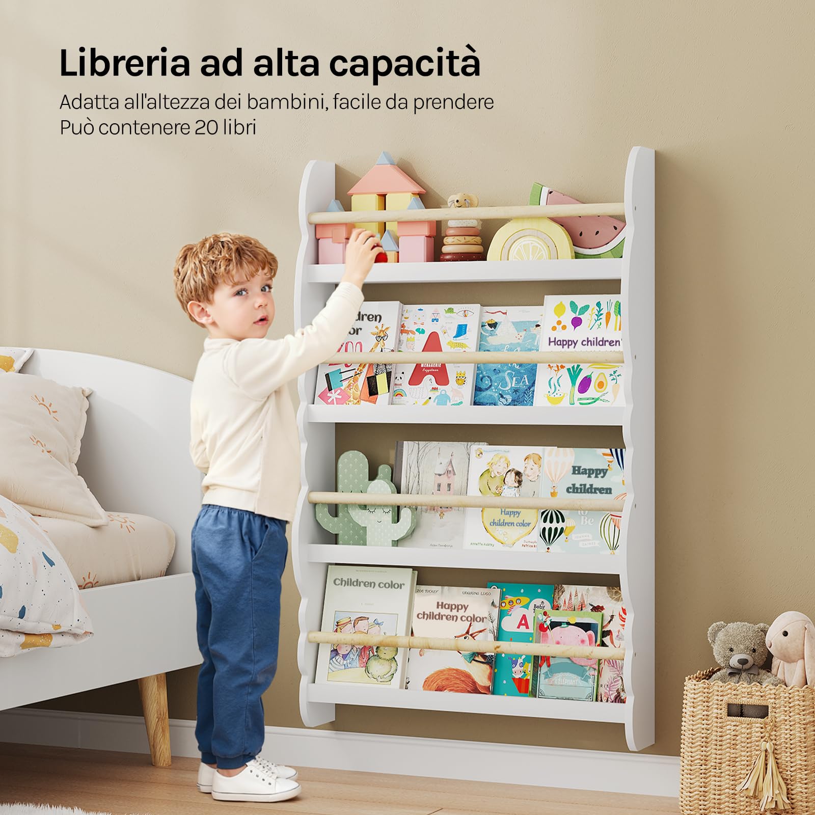WOLTU Libreria da Parete per Bambini, Piccola Libreria Frontale a 4 Ripiani in Legno, Scaffale Porta Libri a Muro per Cameretta, Bianco, 60x14,5x98 cm
