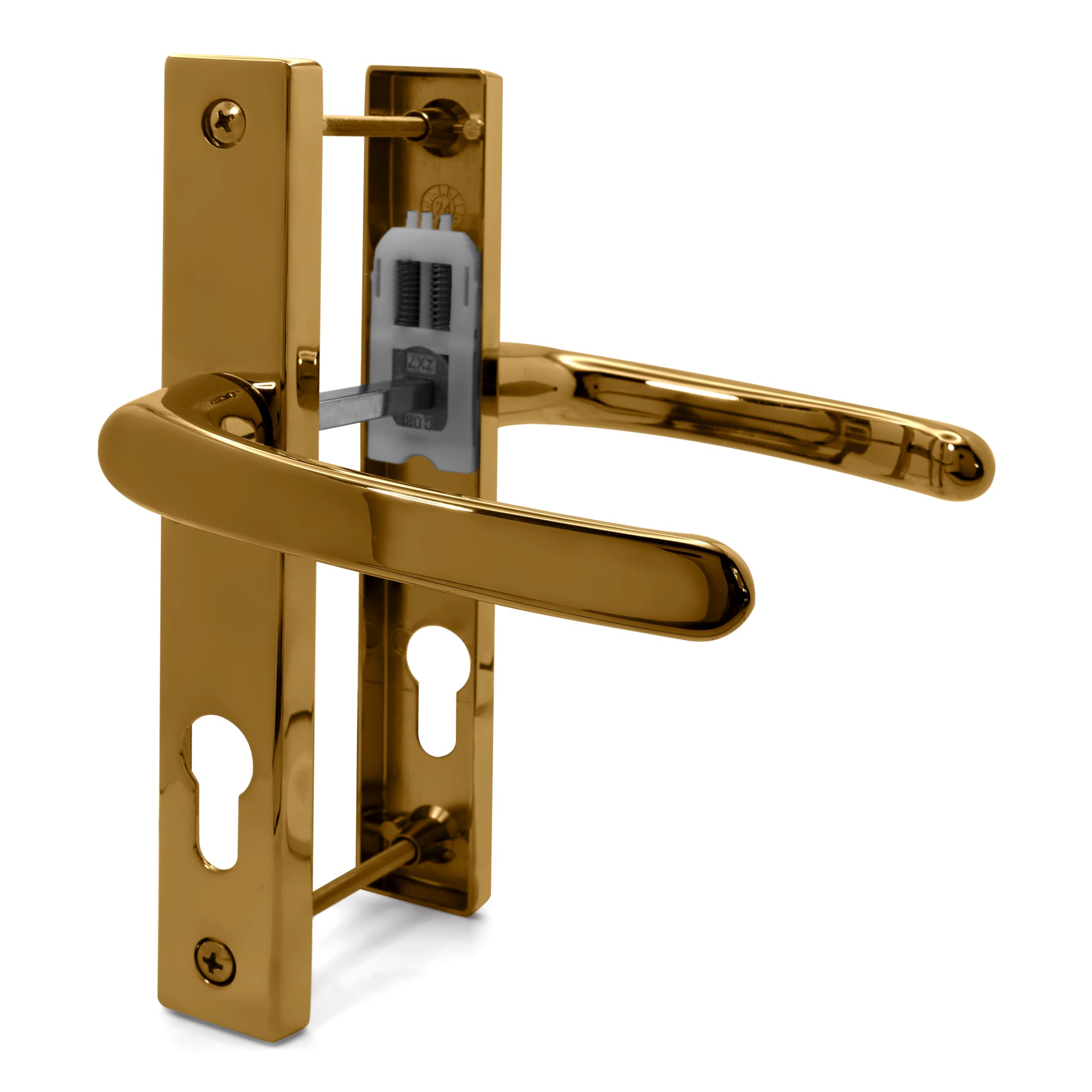 Tss Polished Brass Upvc Door Handle Set, 70Mm Pz (Centres), 7Mm Spindle Width, Lever/Lever, Screw To Screw 180Mm With Backplate 210Mm X 32Mm - Replacement Pvc Door Handle (Polished Brass)