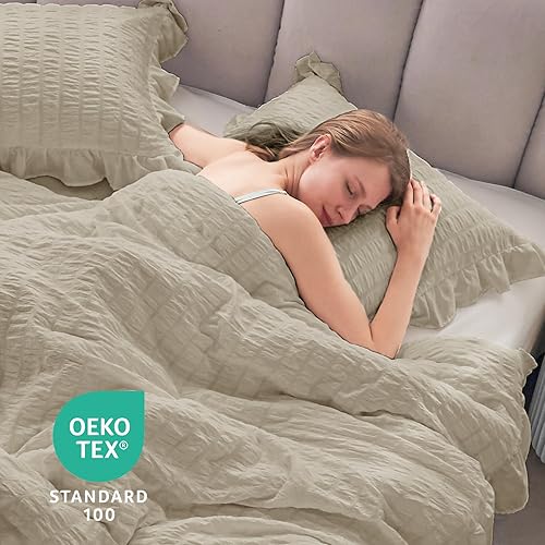 Miniatura 58 de JOLLYVOGUE - Juego de edredón tamaño queen, de 3 piezas, estilo seersucker, ligero y esponjoso para todas las estaciones, con 1 edredón con volantes