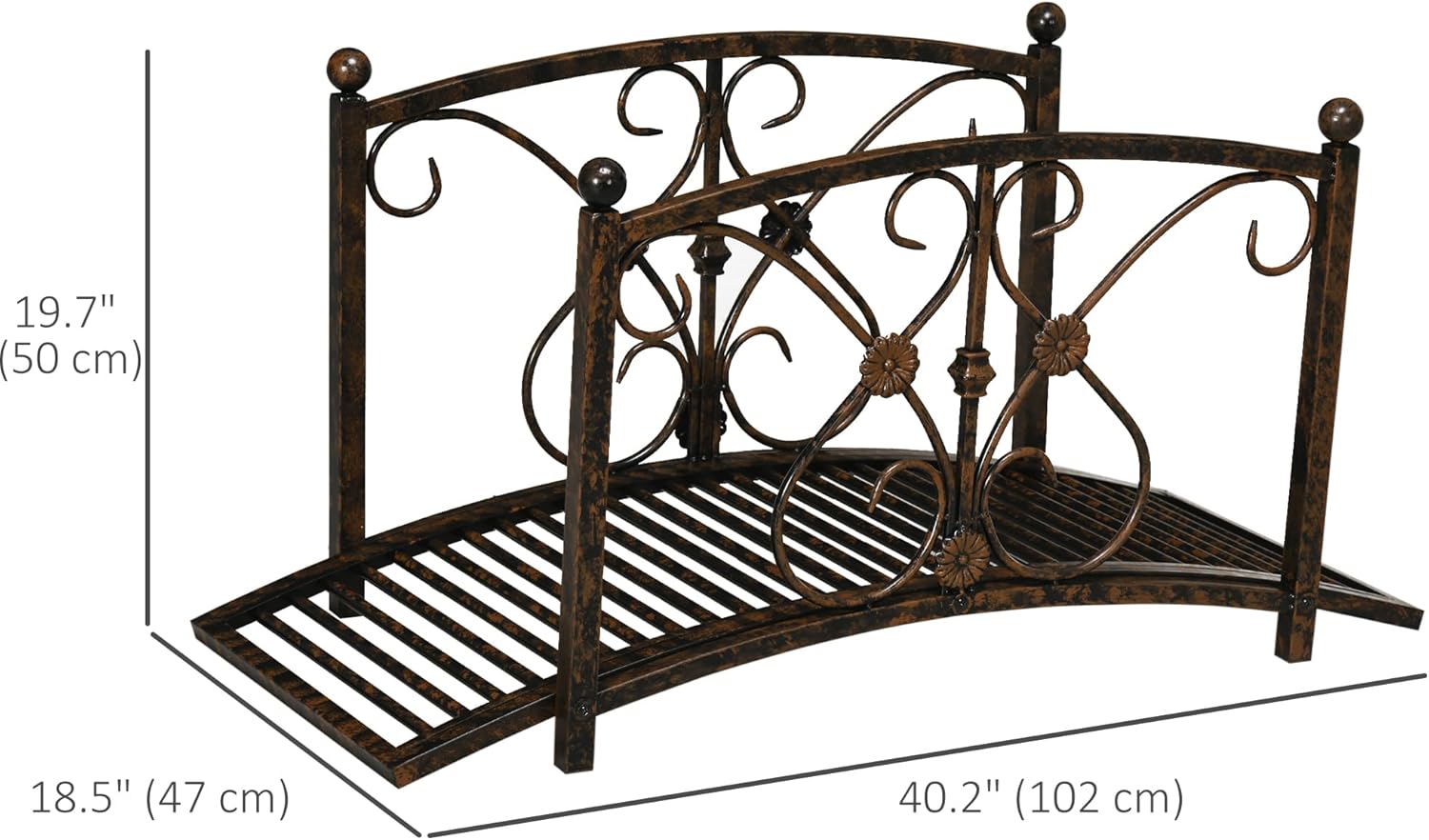 Outsunny 3.3FT Metal Arch Zen Garden Bridge with Safety Siderails, Decorative Footbridge, Delicate Floral Scrollwork for Stream, Fish Pond, Brown