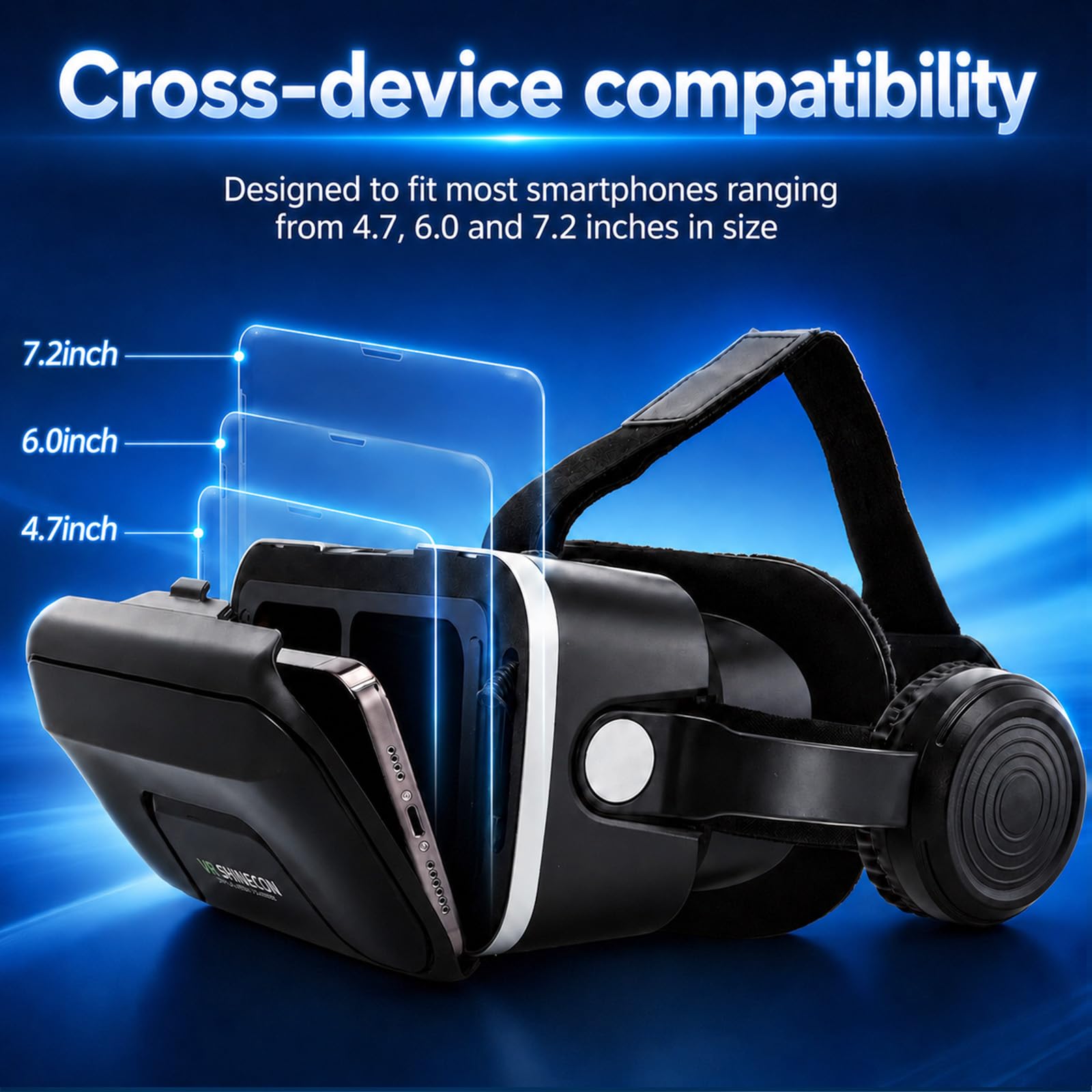 Casque VR 3D avec Écouteurs Verres HD Anti-Lumière Bleue Compatible Smartphones iPhone Android 4,7-7,2"