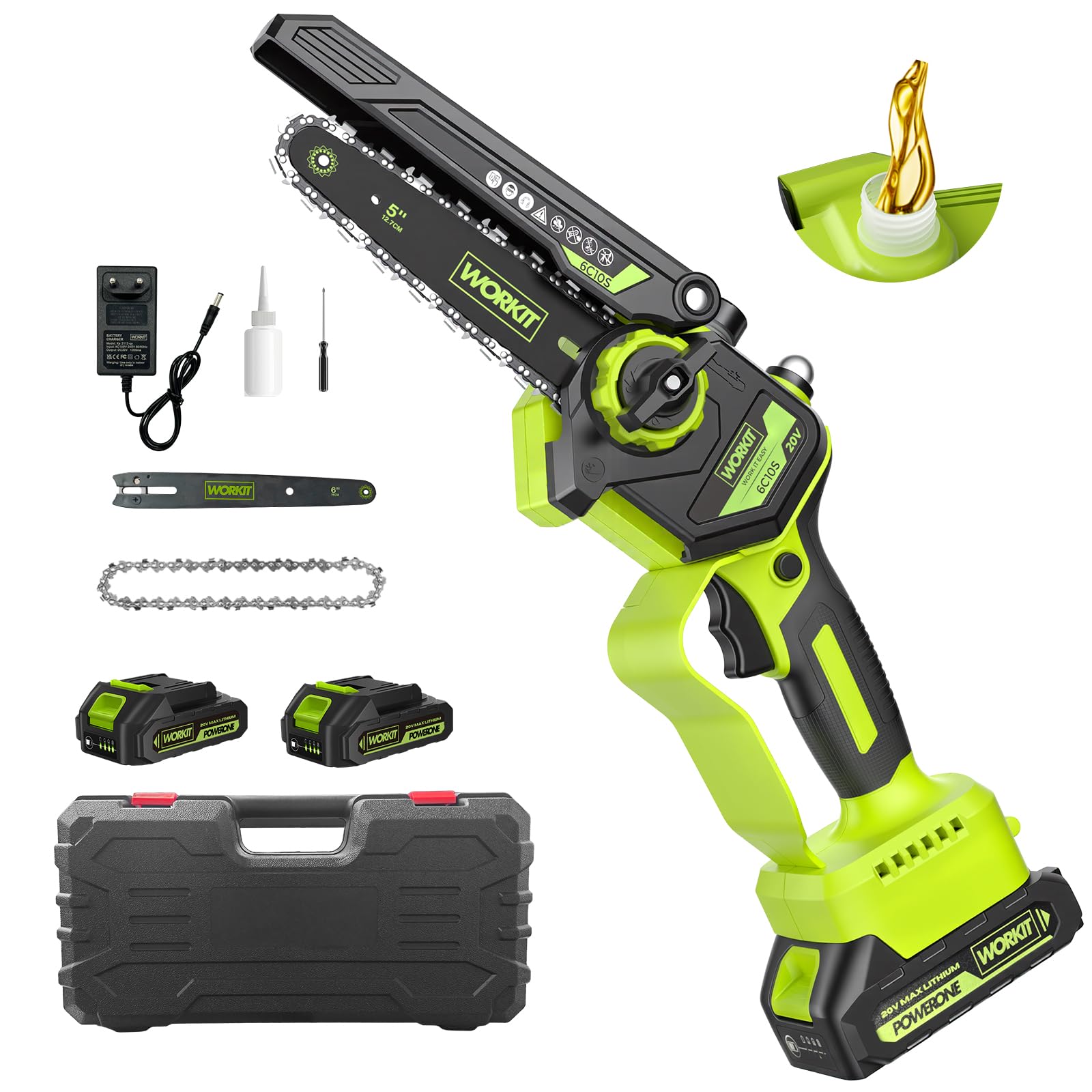 WORKIT 20V Akku Kettensäge mit 2 Akkus, bürstenlose Mini Kettensäge mit automatischem Ölsystem, 12 cm Schnittlänge, Kettensäge Akku für Einhandbedienung und Gartenpflege