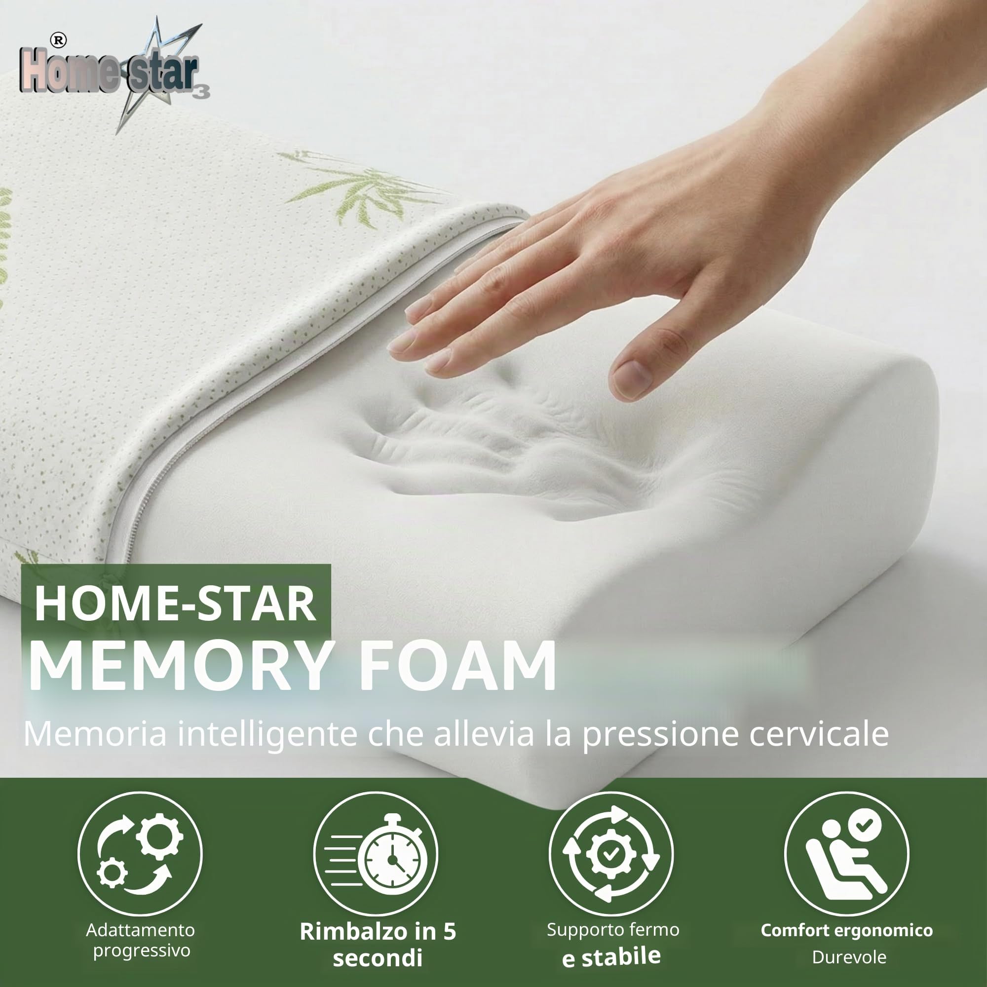 Cuscino cervicale viscoelastico 60 x 40 cm Ergonomico, Memory Foam a rimbalzo lento, fodera in bambù traspirante e lavabile, ortopedico per dolore al collo, dormire lateralmente