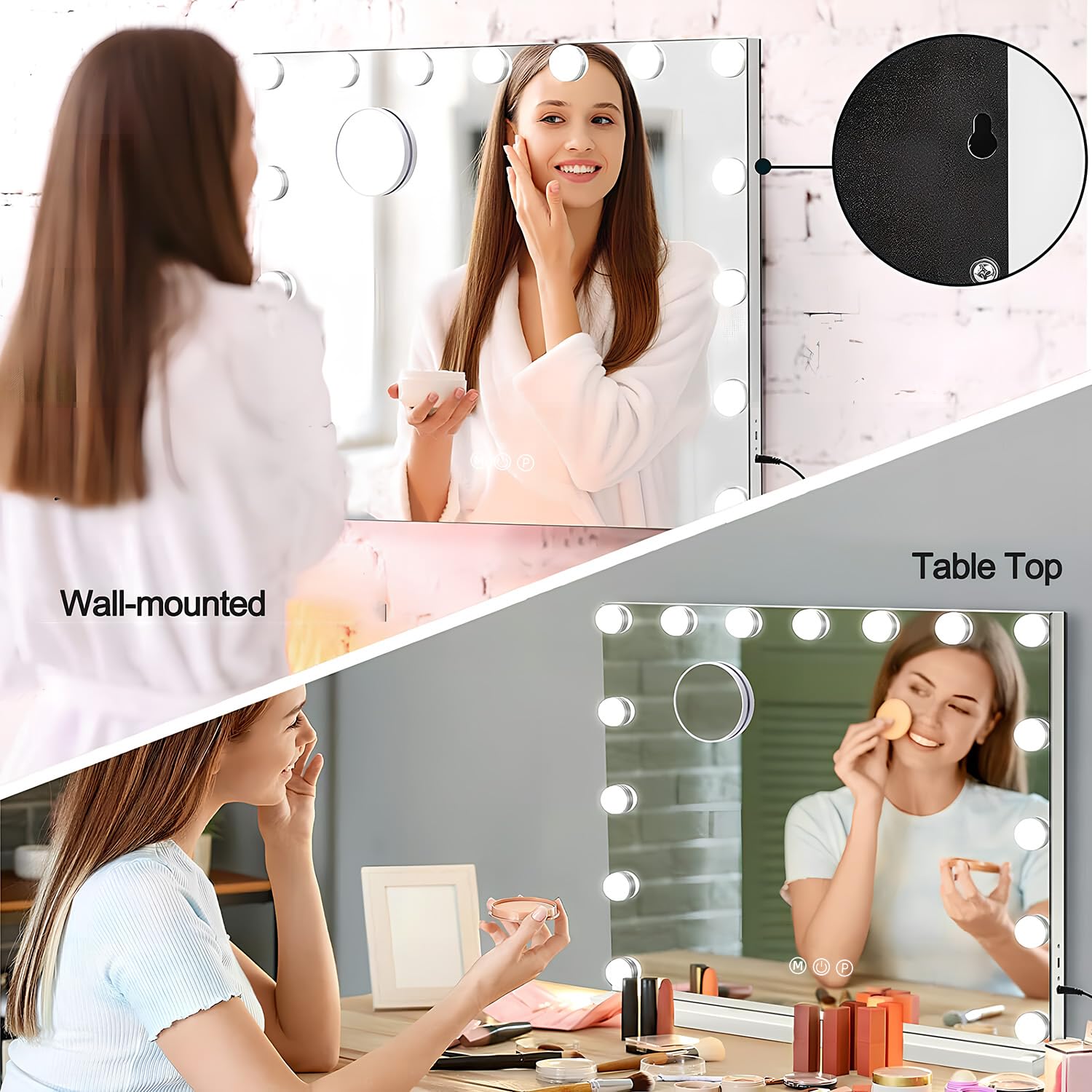 Genérico Espejo de Maquillaje con Luz LED, 3 Temperatura de Color, 15 Bombillas, Ajustable, Control Táctil, Enchufar, 58x46 cm, Montaje en Mesa y Pared, Carga USB