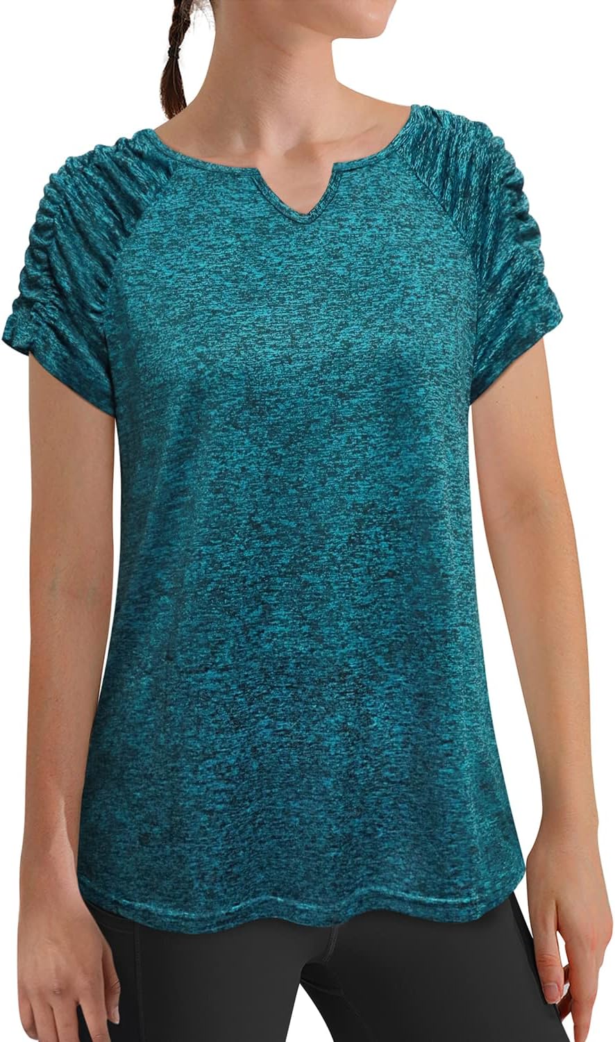 Vldnery Women's Short Sleeve Tunic Tops V-Neck Pleated T- Shirt Summer Casual Athletic Loose fit Blouse(M) Navy Blue - Image 2