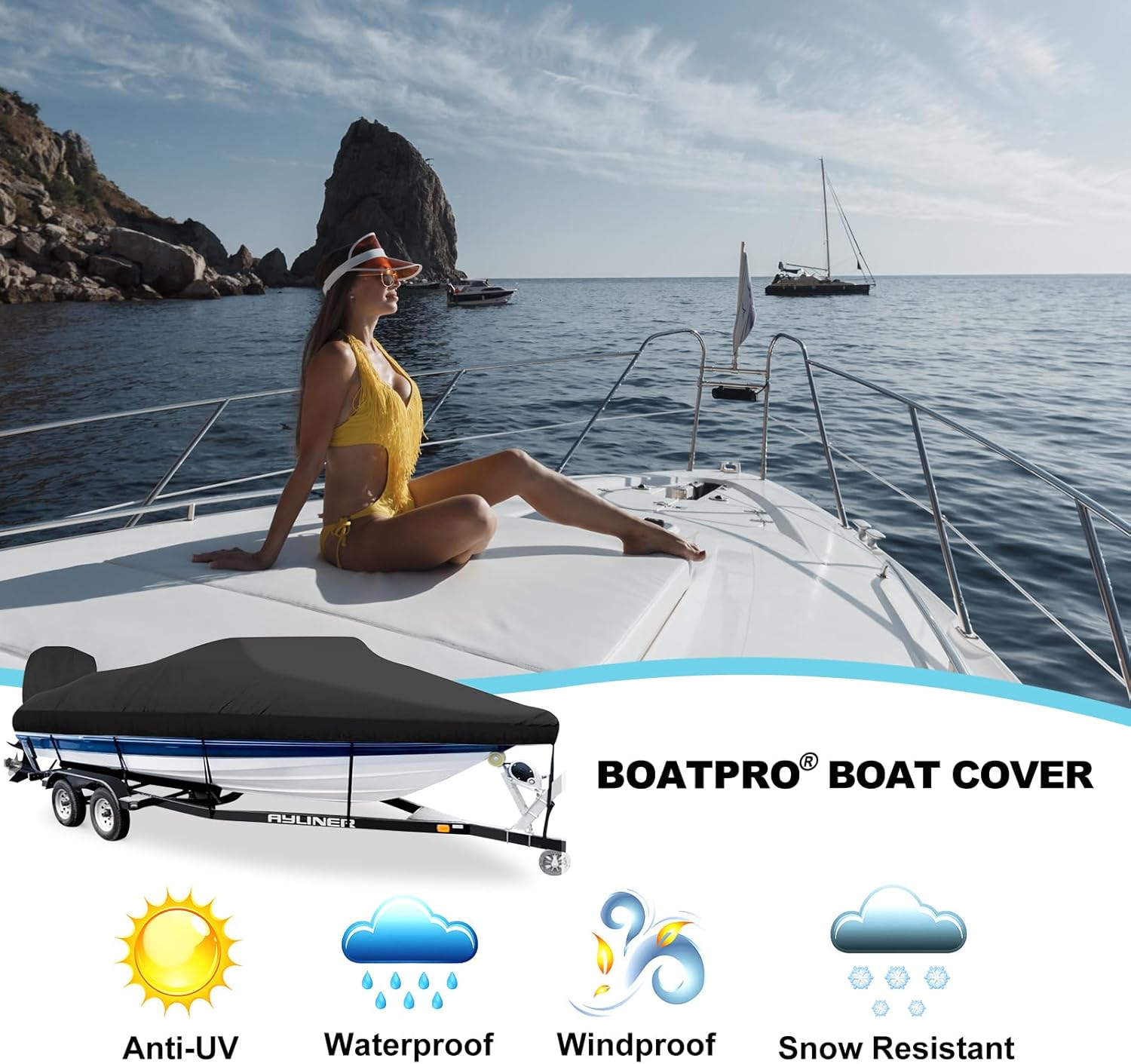 Trailerable Boat Cover 17-19ft with Outboard Motor Cover, 900D Fade Resistant Marine Canvas Waterproof Boat Covers for 17 feet 18ft 19' Foot V-Hull Bass Boat Tri-Hull Runabout Boat, Black