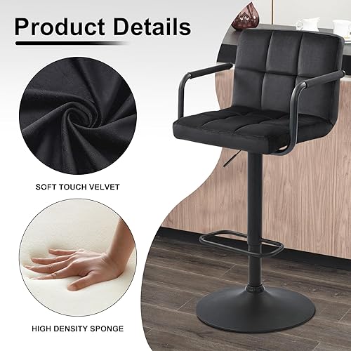 Miniatura 6 de Furnimart Juego de 2 taburetes de bar ajustables giratorios con reposabrazos y reposapiés, sillas de bar tapizadas para cocina y comedor