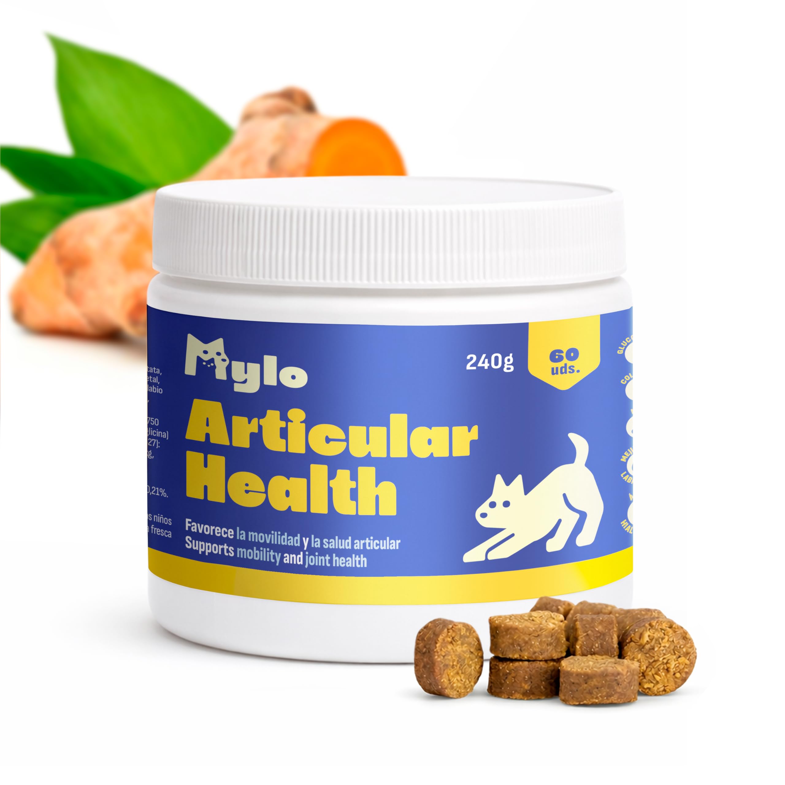 MYLO Condroprotector Perros Articulaciones Perro, Movilidad y Confort. Glucosamina, MSM y Colágeno para Fortalecer Cartílago. Mejillón de Labio Verde Antiinflamatorio Perros Natural. 60 Uds