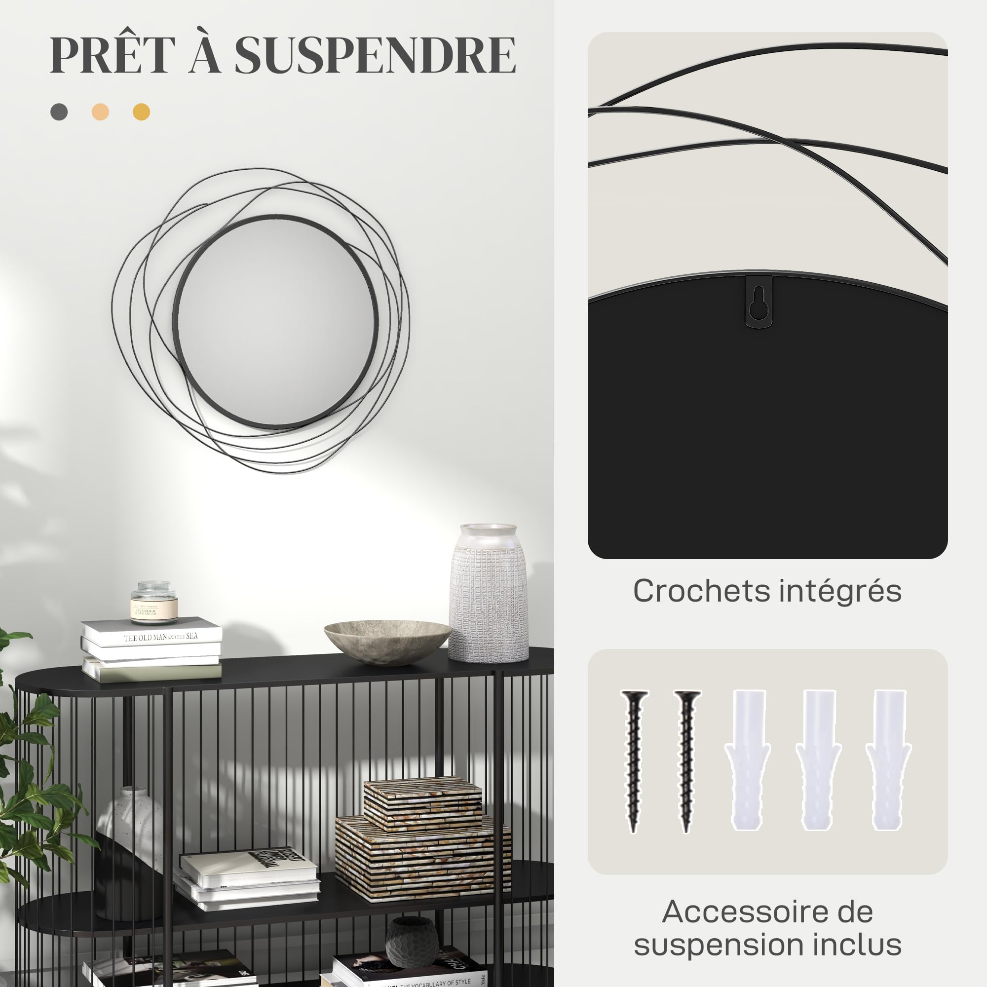 HOMCOM Miroir Rond en Métal Filaire Noir, Décoration Murale Ø65 cm