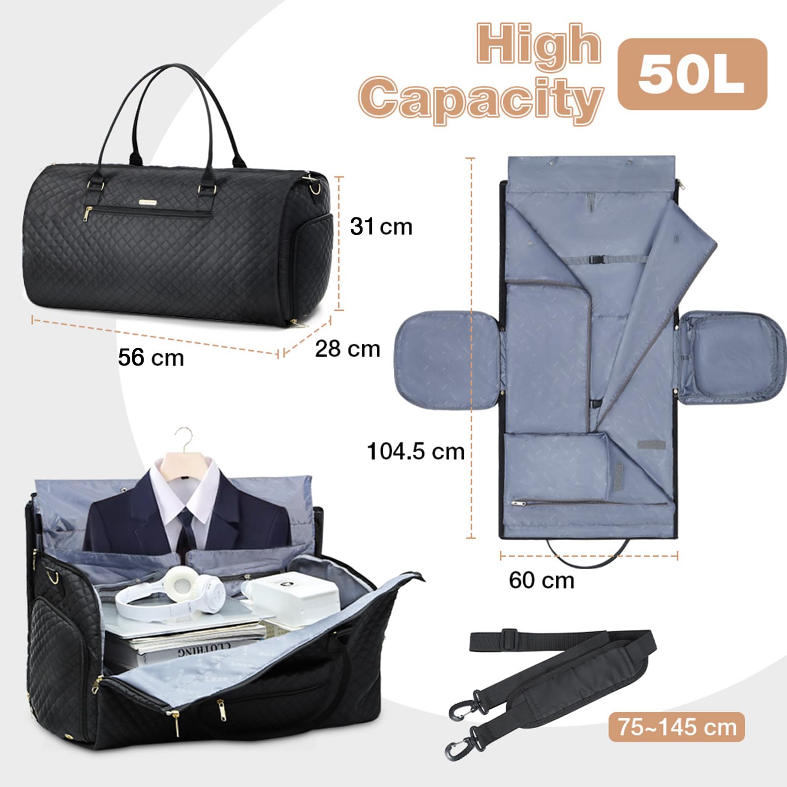 Lekeinchi Bolsa de Transporte de Ropa 2 en 1 | Bolsa de Portatrajes para Trajes y Ropa | Bolsa de Viaje para Negocios, Bodas y Fines de Semana | Cumple con los Requisitos de Las Aerolíneas, Negro