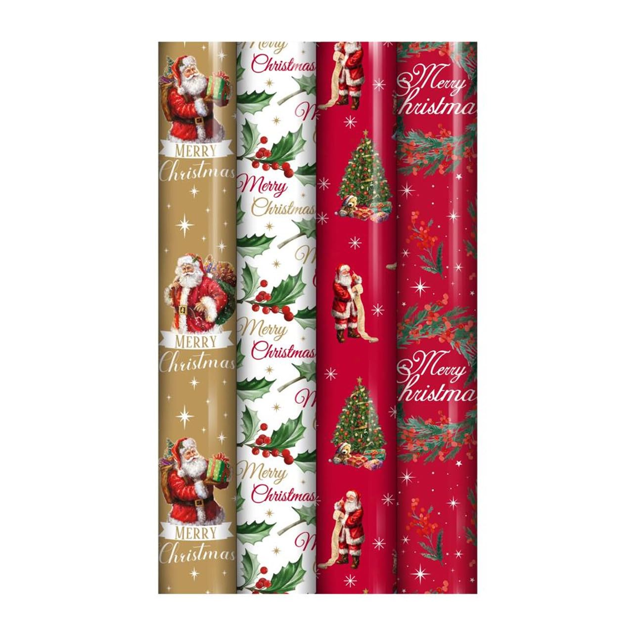 4 x 4M Traditional Christmas Wrapping Paper Rolls - Premium Festive Gift Wrap with Classic Santa, Holly & Christmas Tree Designs - Holiday Present Wrapping for Families, Parties & Seasonal Gifting