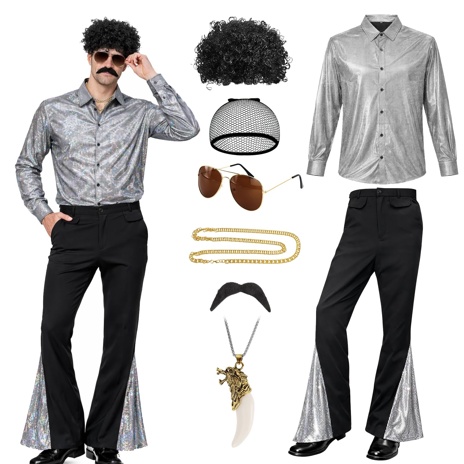 Malloom 70s Men's Disco Costume with Satin Shirt,Bell Bottom Pants, Wig, Mustache, Necklace, Sunglasses, Wig Net Hat, Suitable for Party Wear Disco Masquerade Costume (Gray, Small)
