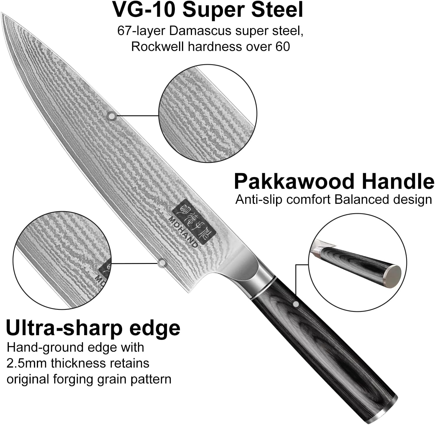 MDHAND Damascus Kitchen Knife Set, 3PCS Ultra Sharp 10Cr15CoMoV Super Steel Japanese Knife, Professional Chef Knife Set with Black Pakkawood Handle, Including Chef, Santoku & Paring Knife, Elegant Box - Image 3