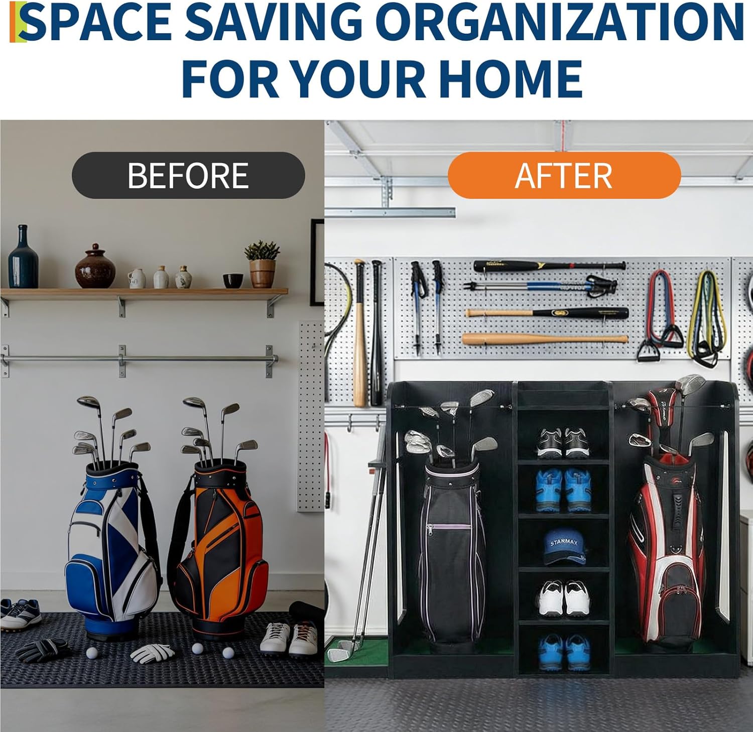 TrailBlaze Golf Bag Organizer & Storage Rack for 2 Bags – Wooden Golf Club Holder for Garage, Basement, Practice Room – Ideal Golf Equipment Organizer & Gift for Golfers, Husband, Dad