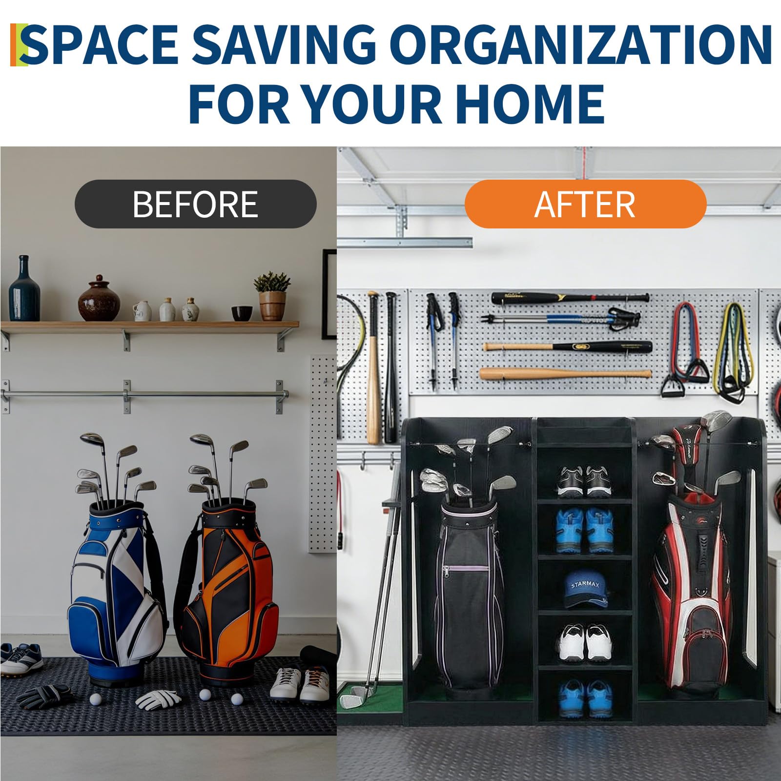 Garvee Organiseur Robuste pour Sacs de Golf – Rangement Bois pour 2 Sacs, Accessoires et Clubs – Idéal Garage, sous-Sol, Maison – Montage Facile